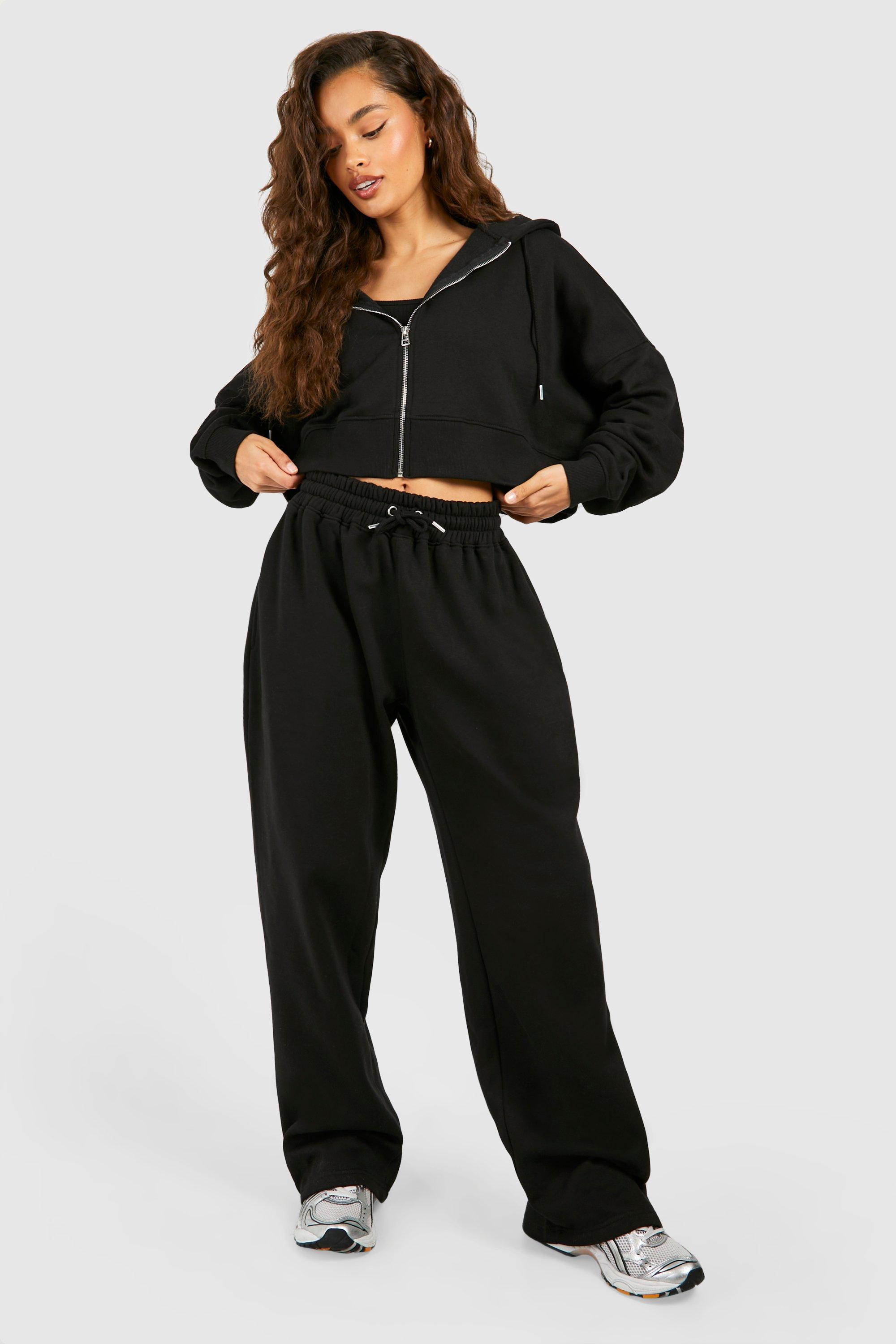 Deep Hem Crop Top 3 Piece Hooded Tracksuit - Black - M