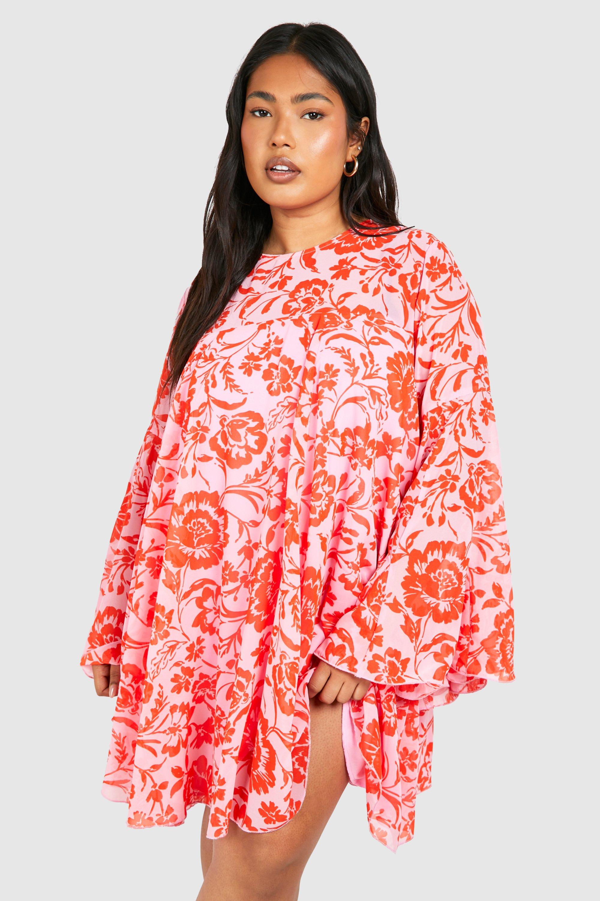 Image of Plus Floral Print Flared Sleeve Smock Dress, Pink