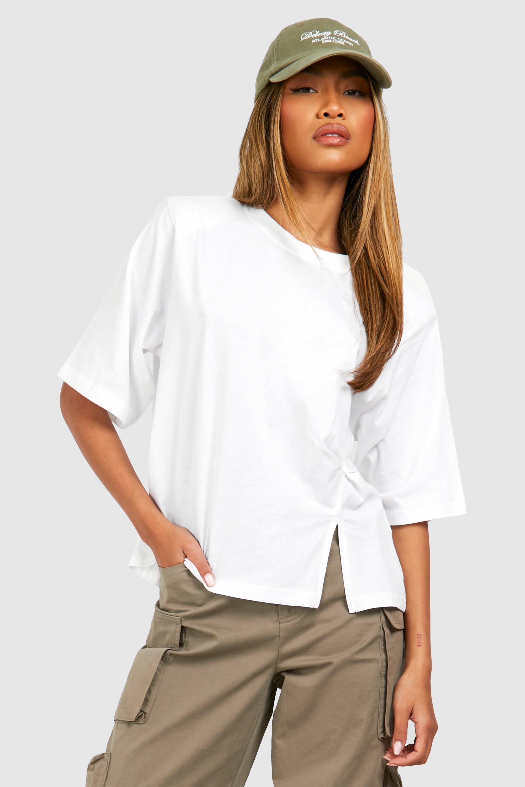 Image of Boxy Oversized Knot Hem T-shirt With Shoulder Pads, Bianco