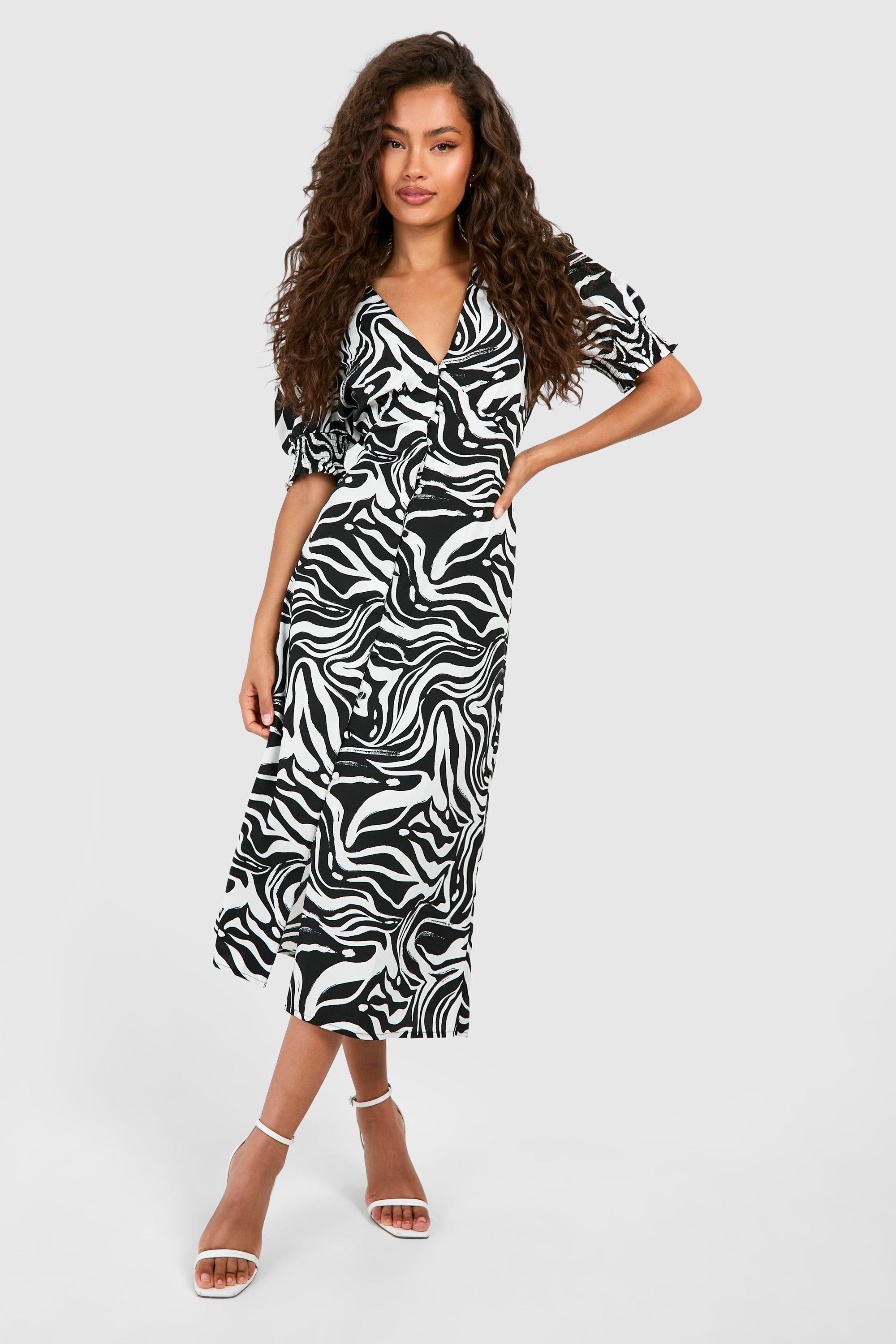 Image of Zebra Shirred Cuff Midi Dress, Nero