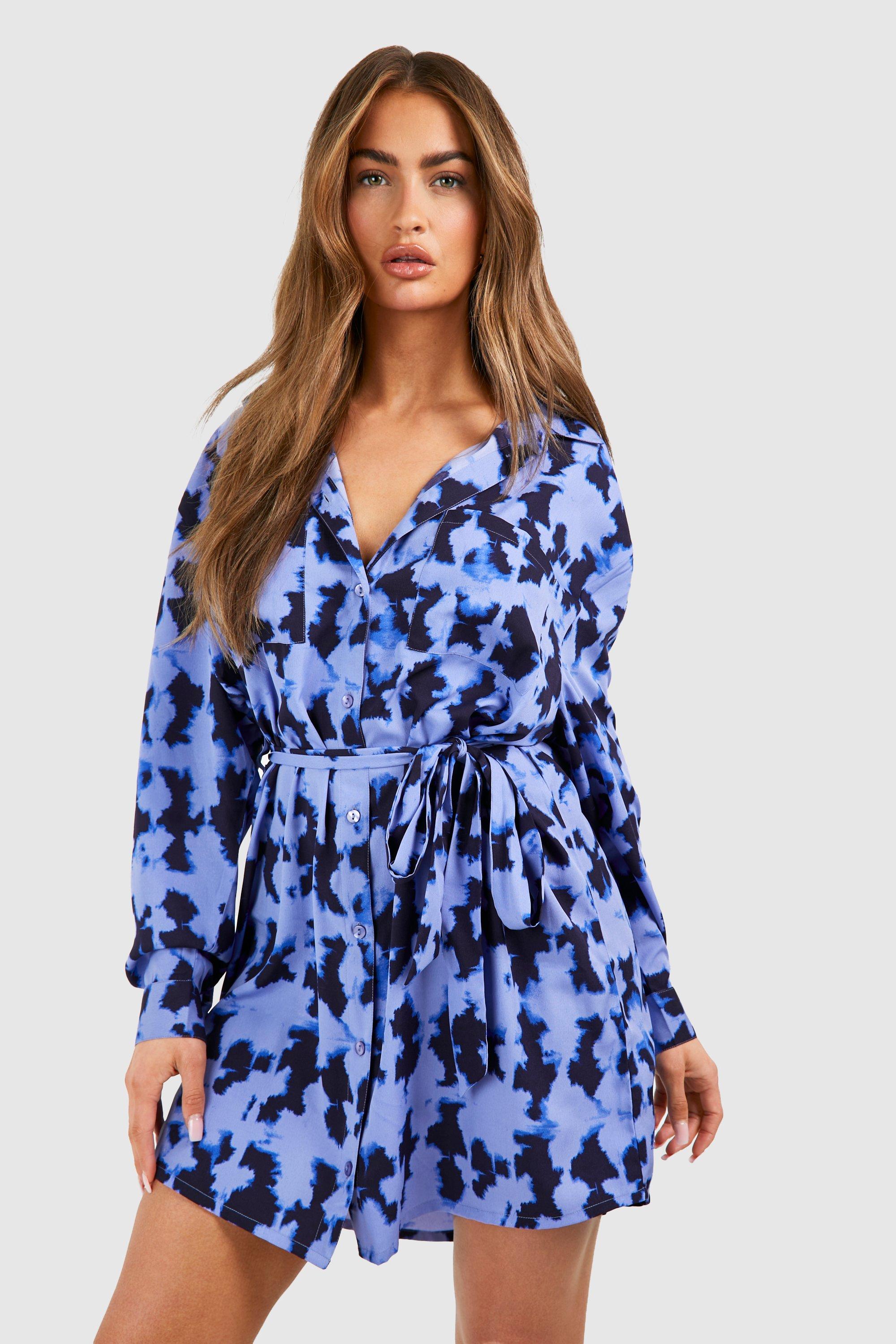 Image of Blur Print Batwing Belted Shirt Dress, Azzurro