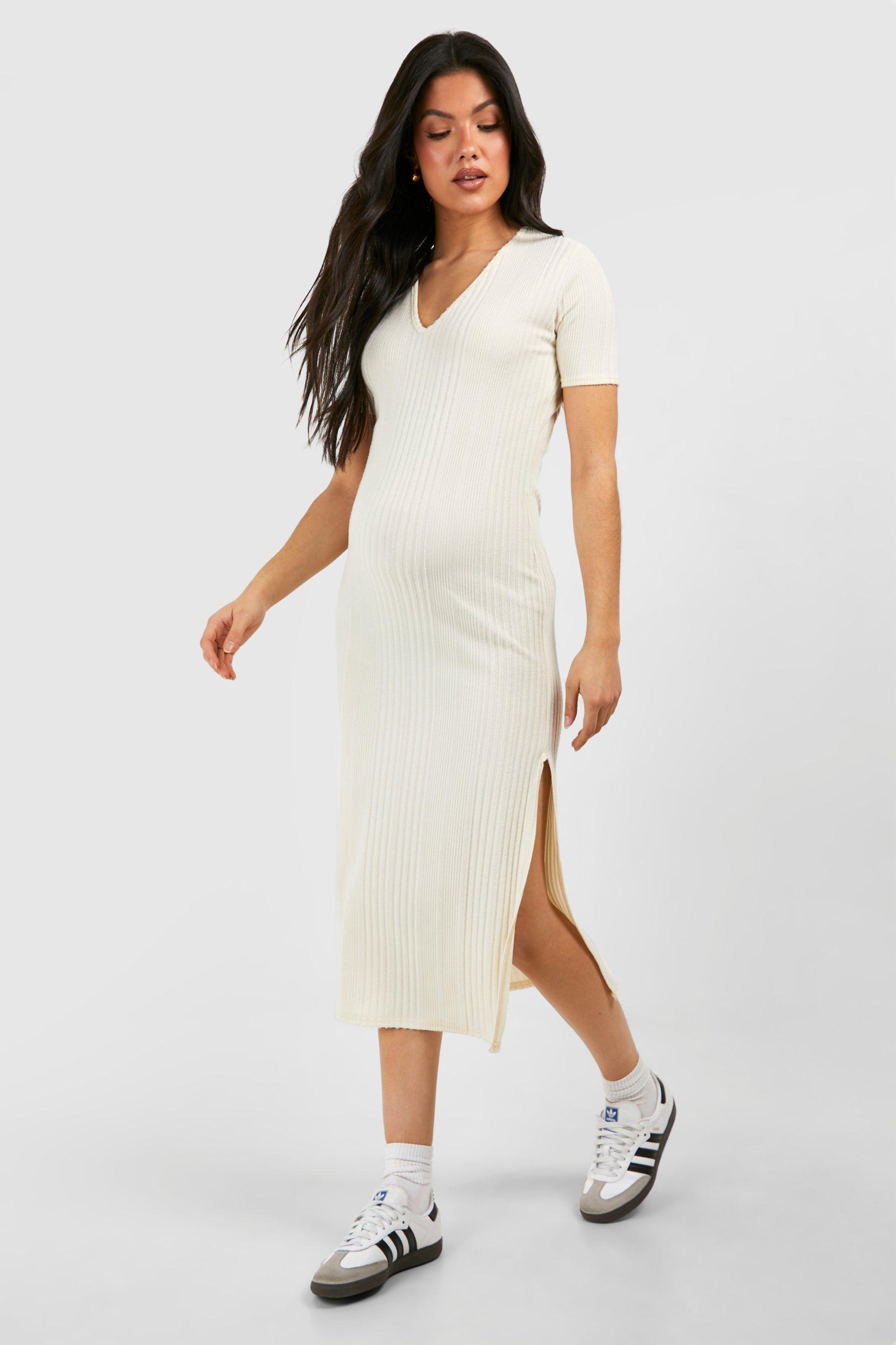 Maternity Soft Rib Short Sleeve Midi Dress - White - 10