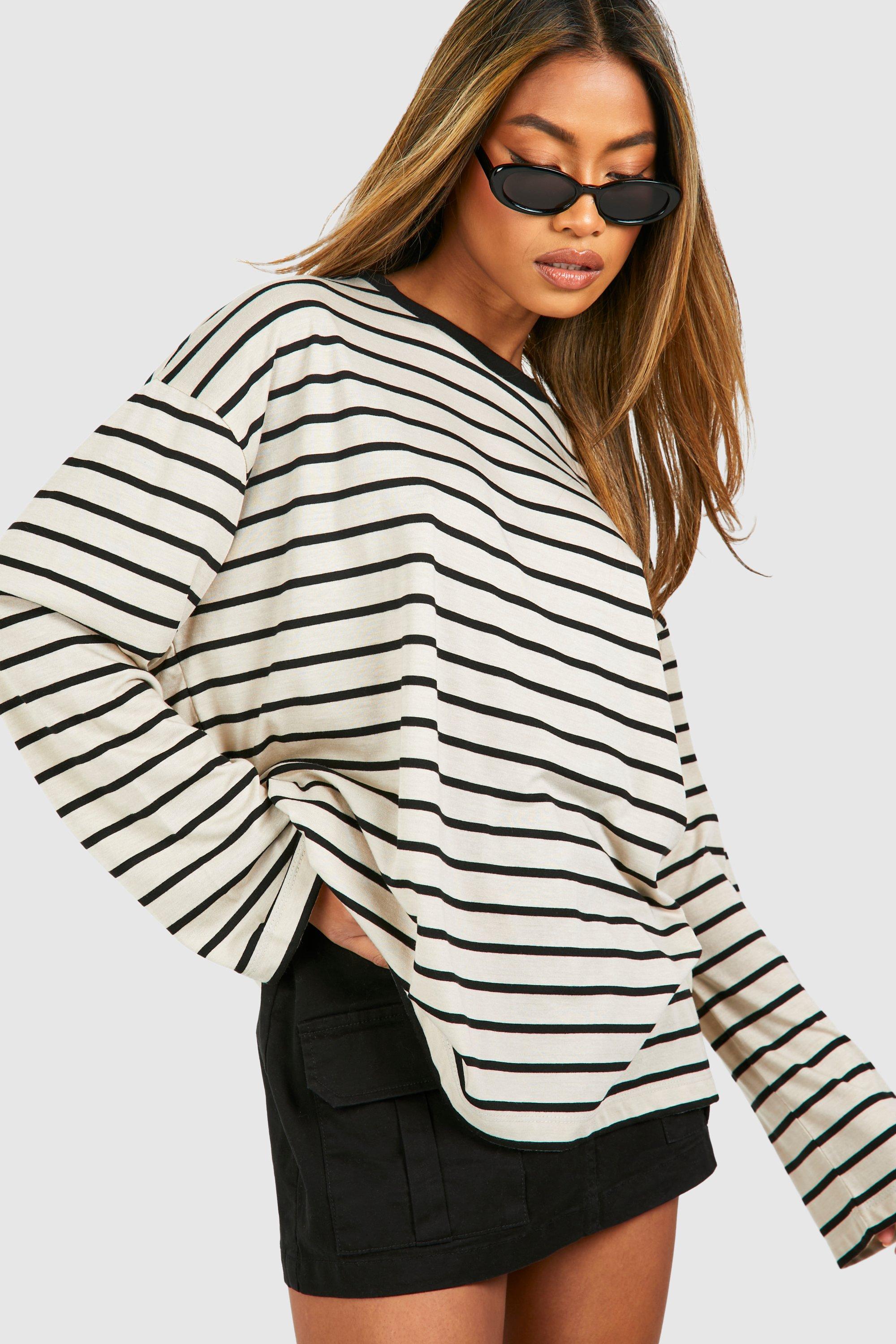 Image of Wide Sleeve Thin Stripe T-shirt, Beige