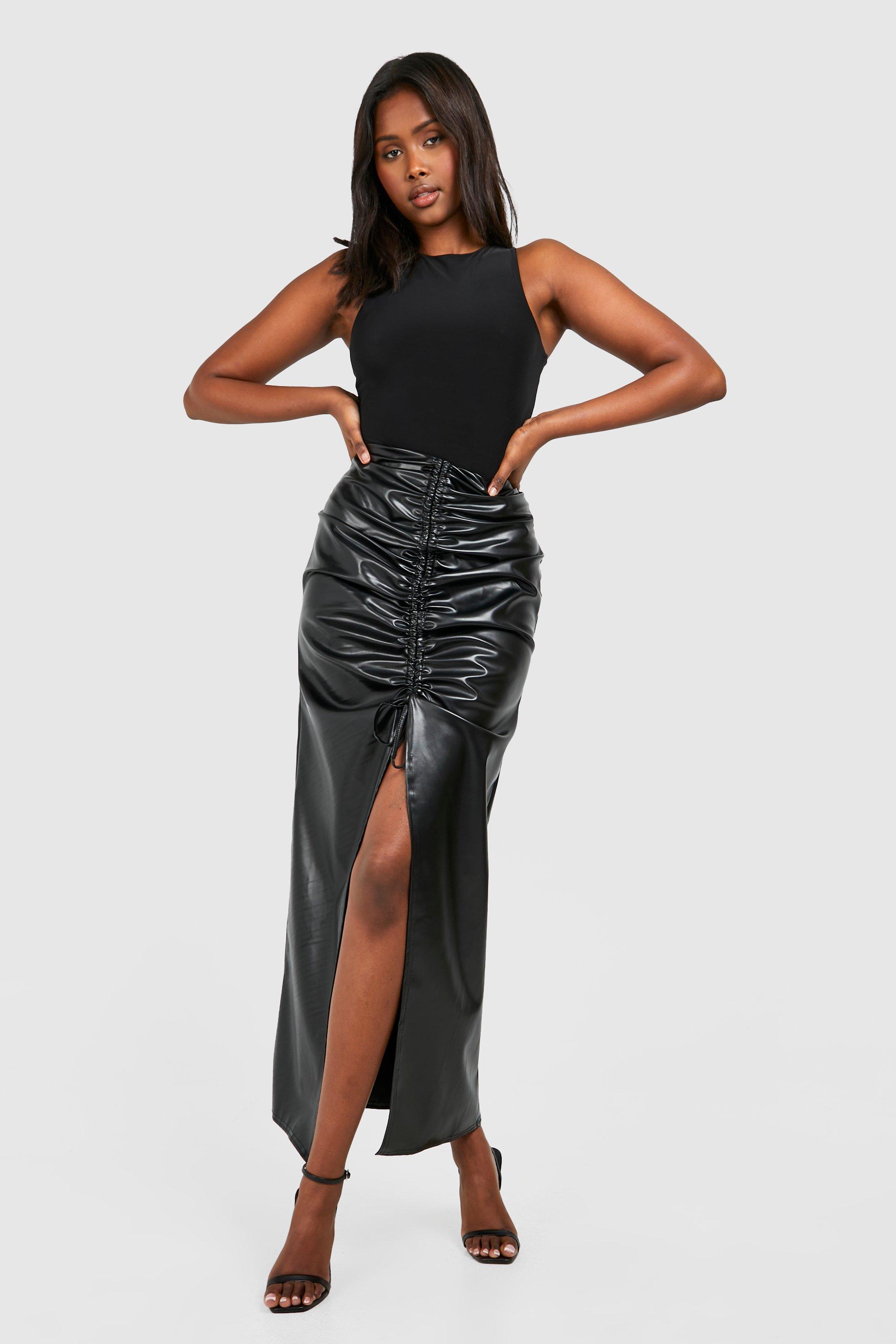 Image of Ruched Leather Look Split Maxi Skirt, Nero