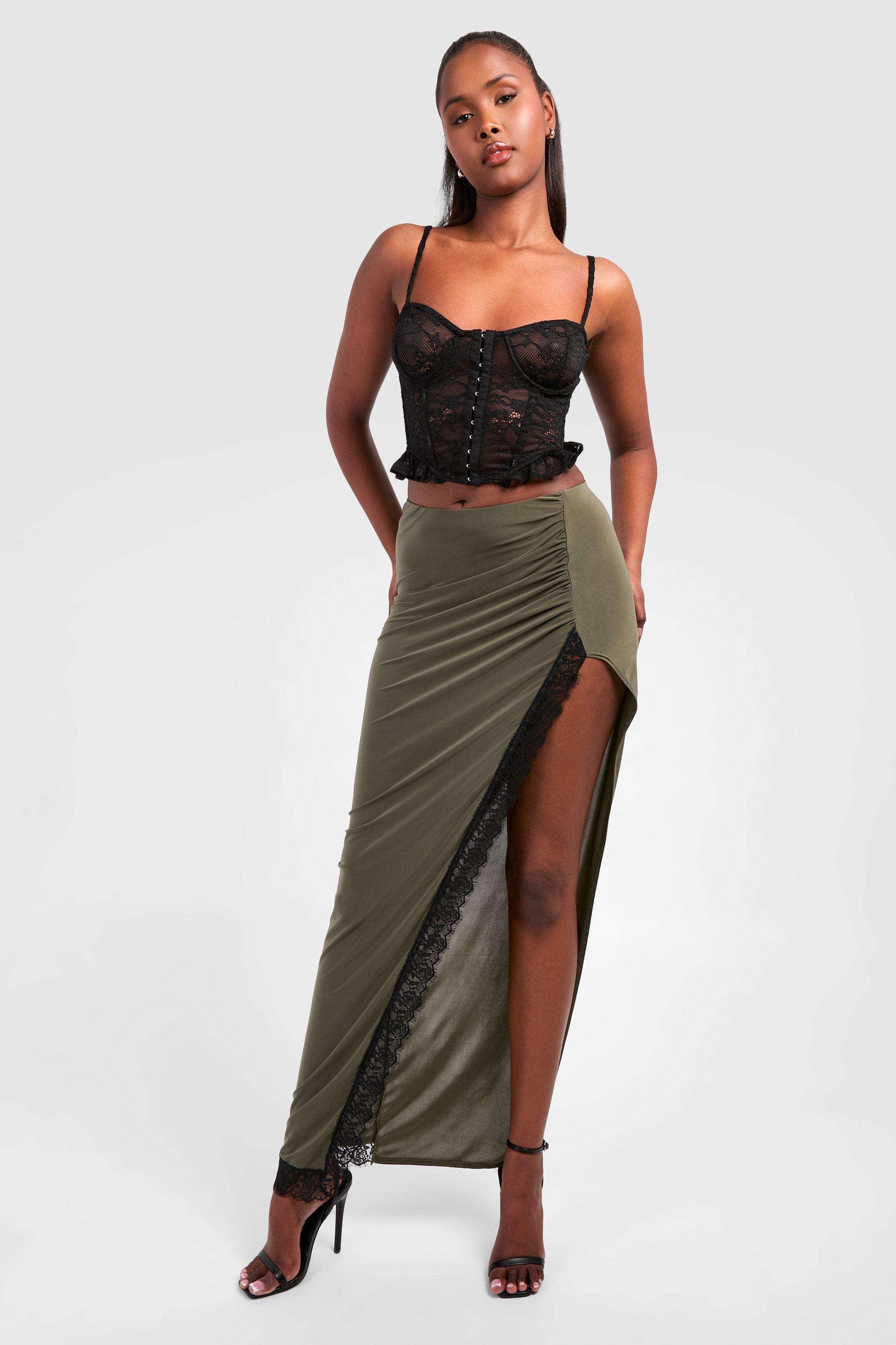 Boohoo Strakke Maxi Rok Met Kanten Zoom, Khaki