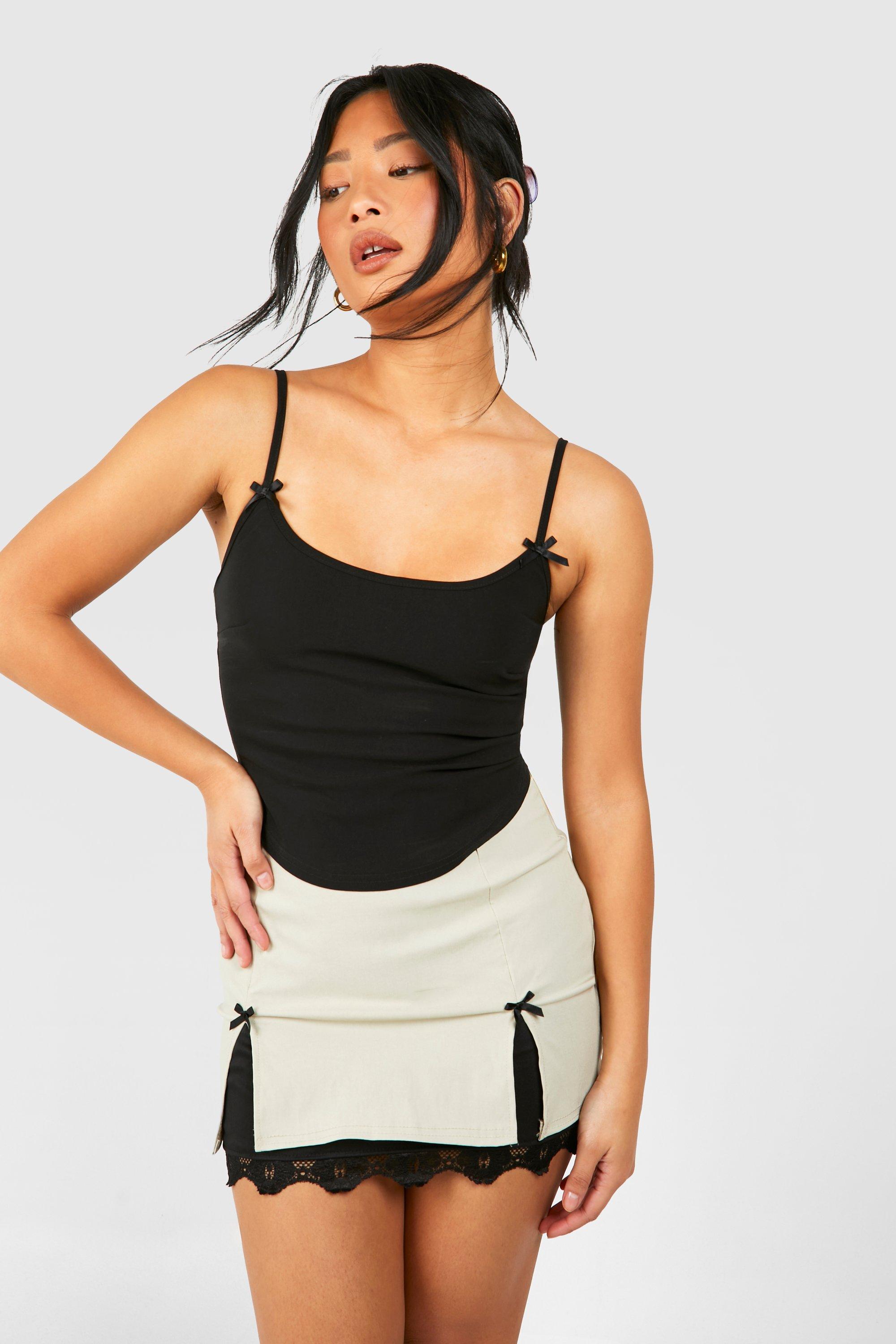 Boohoo Petite Bengaline Mini Rokje Met Strik En Kanten Zoom, Stone