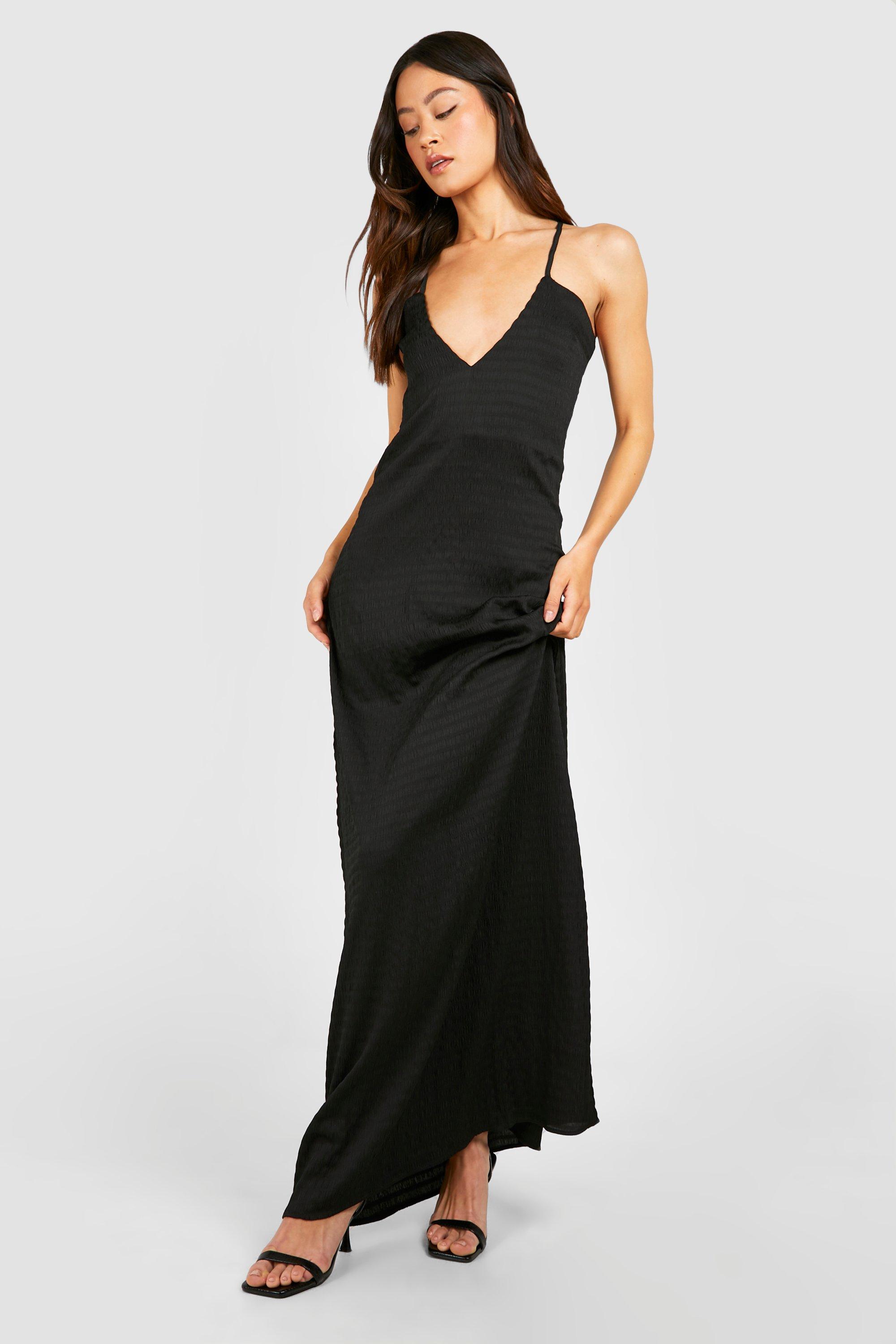 Boohoo Tall Textured Strappy Maxi Dress, Black