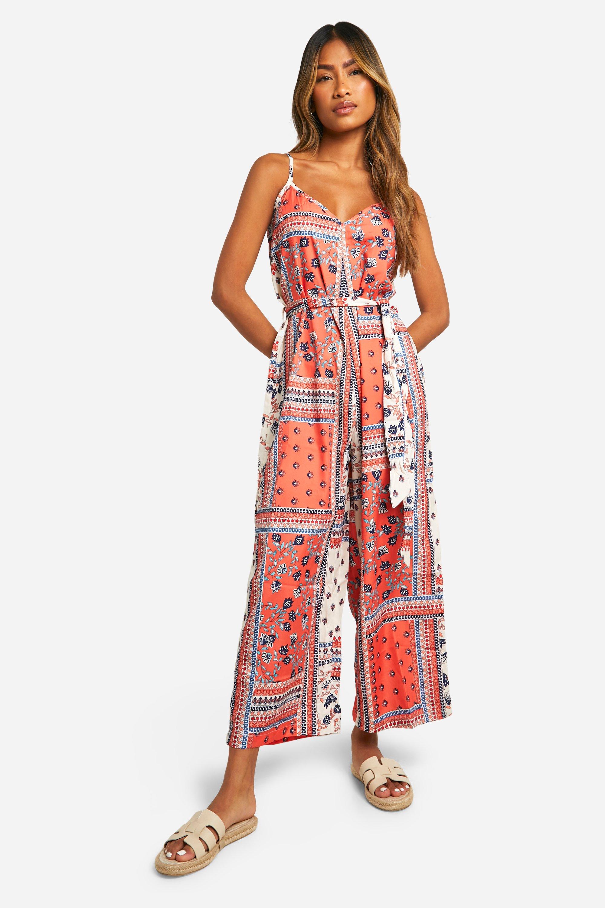 Image of Mixed Print Strappy Culotte Jumpsuit, Multi