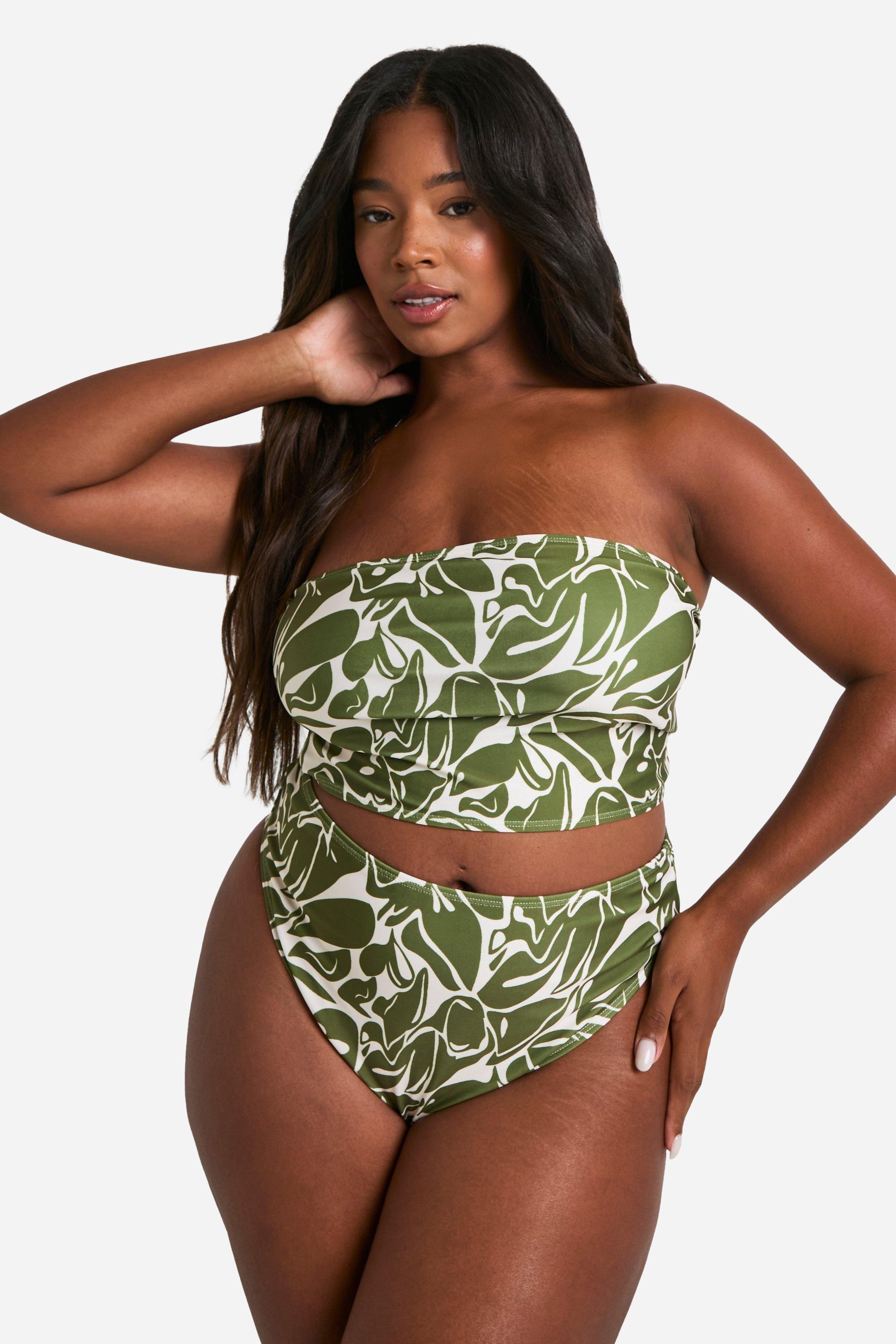 Boohoo Plus Abstract Bandeau Bikini, Green