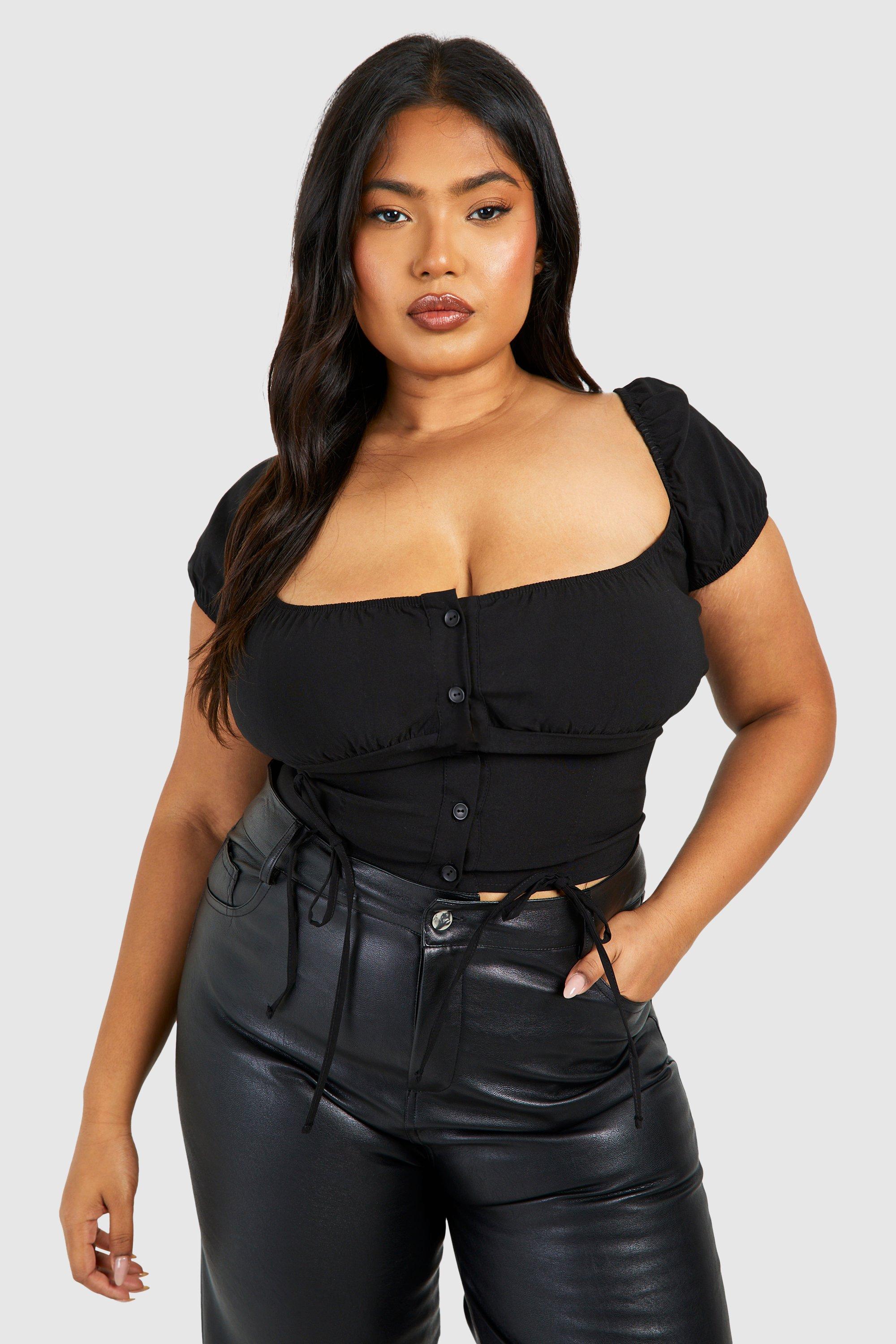 womens plus milkmaid puff sleeve bengaline corset top - black - 16, black