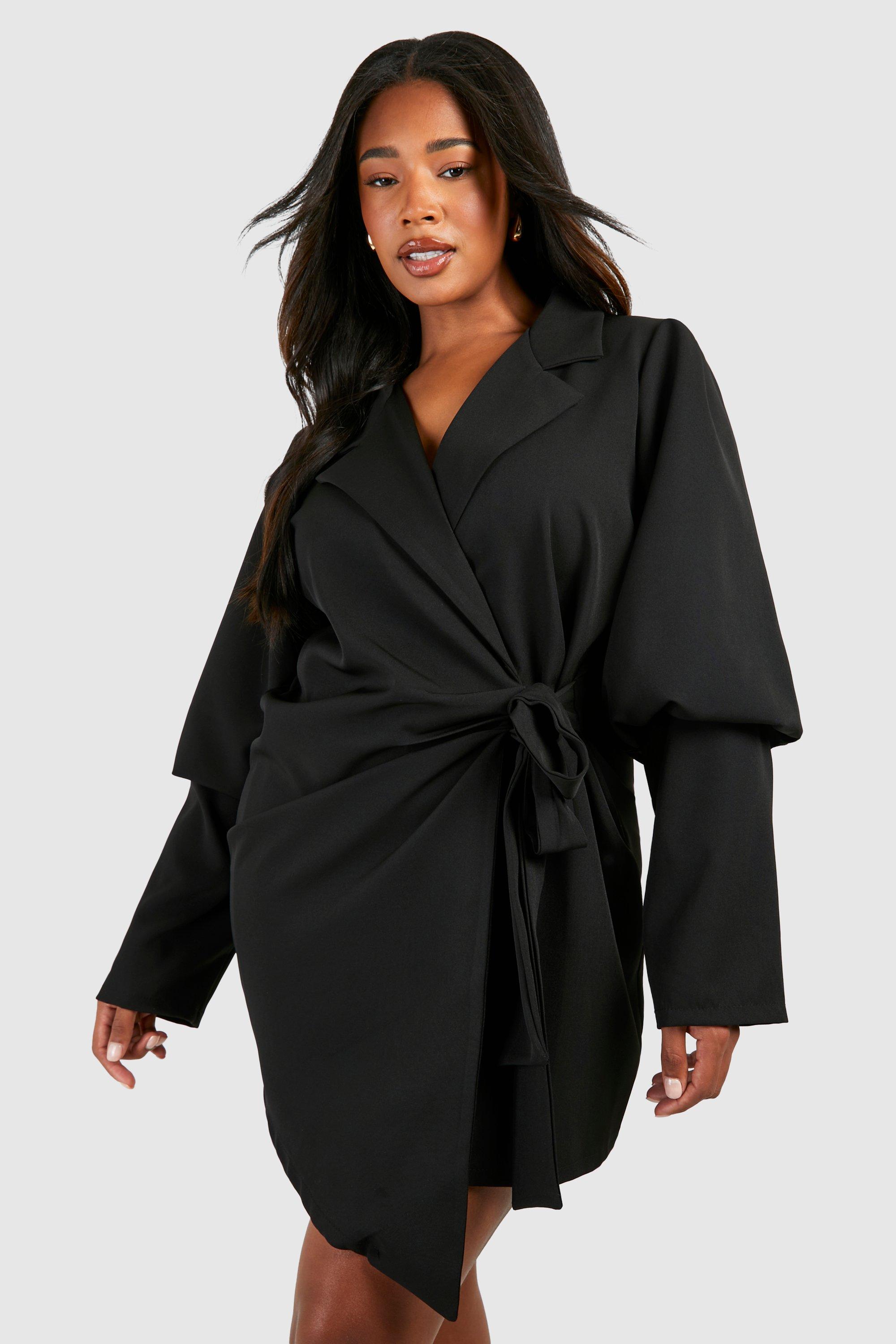 Womens Plus Volume Sleeve Tie Waist Blazer Dress - Black - 26, Black