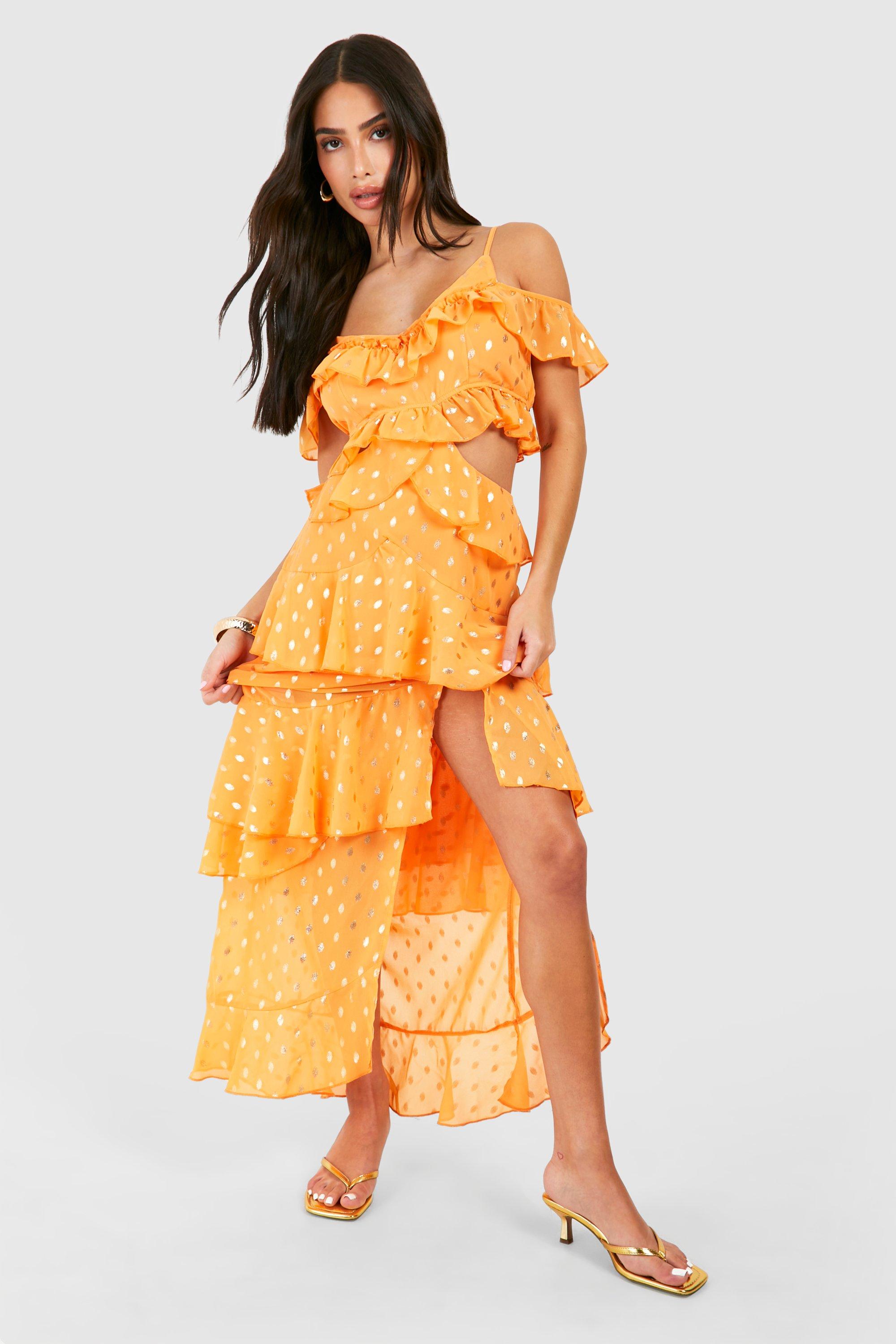 Image of Petite Metallic Dobby Ruffle Maxi Dress, Arancio