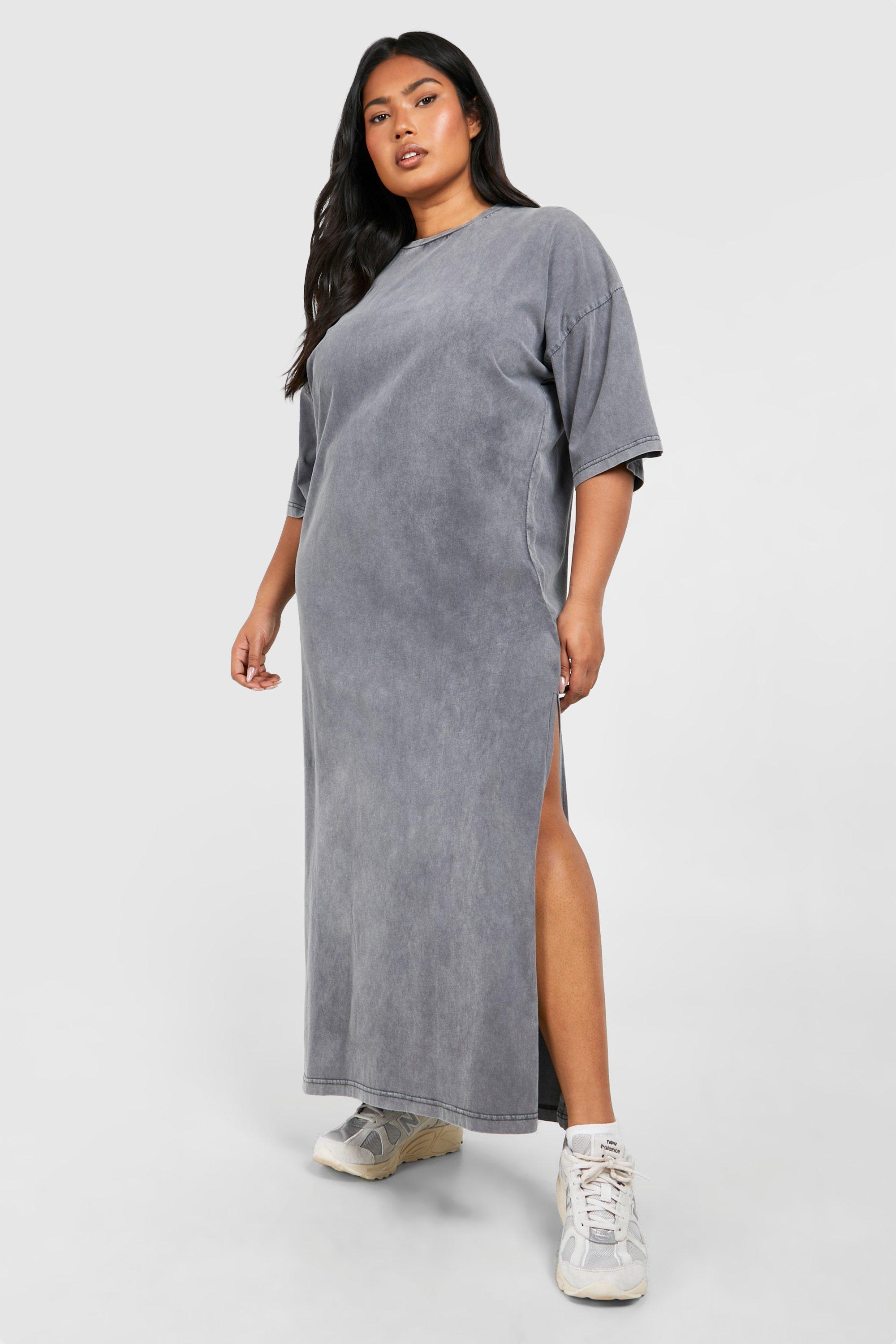 Image of Plus Acid Wash Oversized Midaxi T-shirt Dress, Grigio