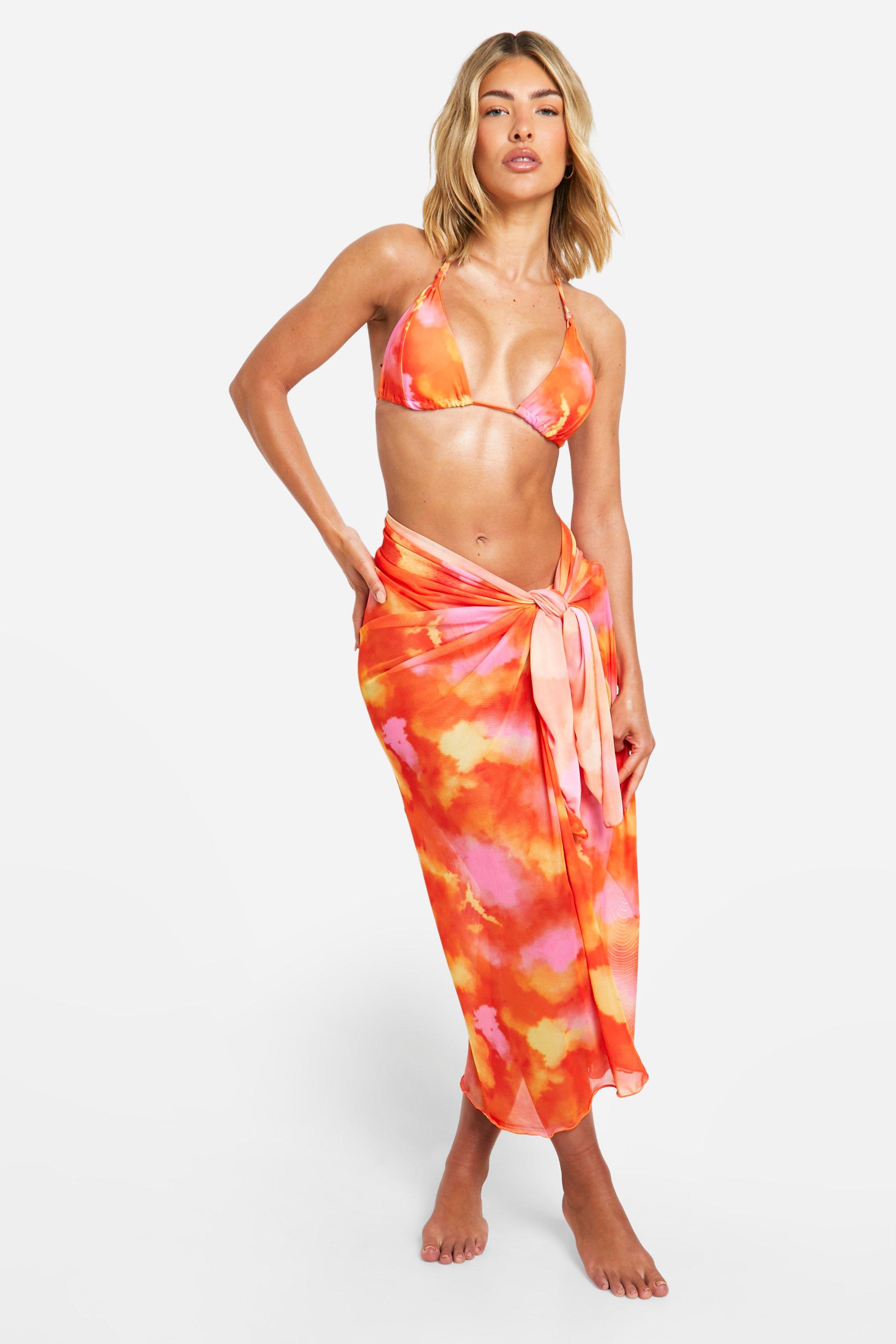 Boohoo 3 Piece Tie Dye Triangle Bikini & Sarong, Tropical Orange