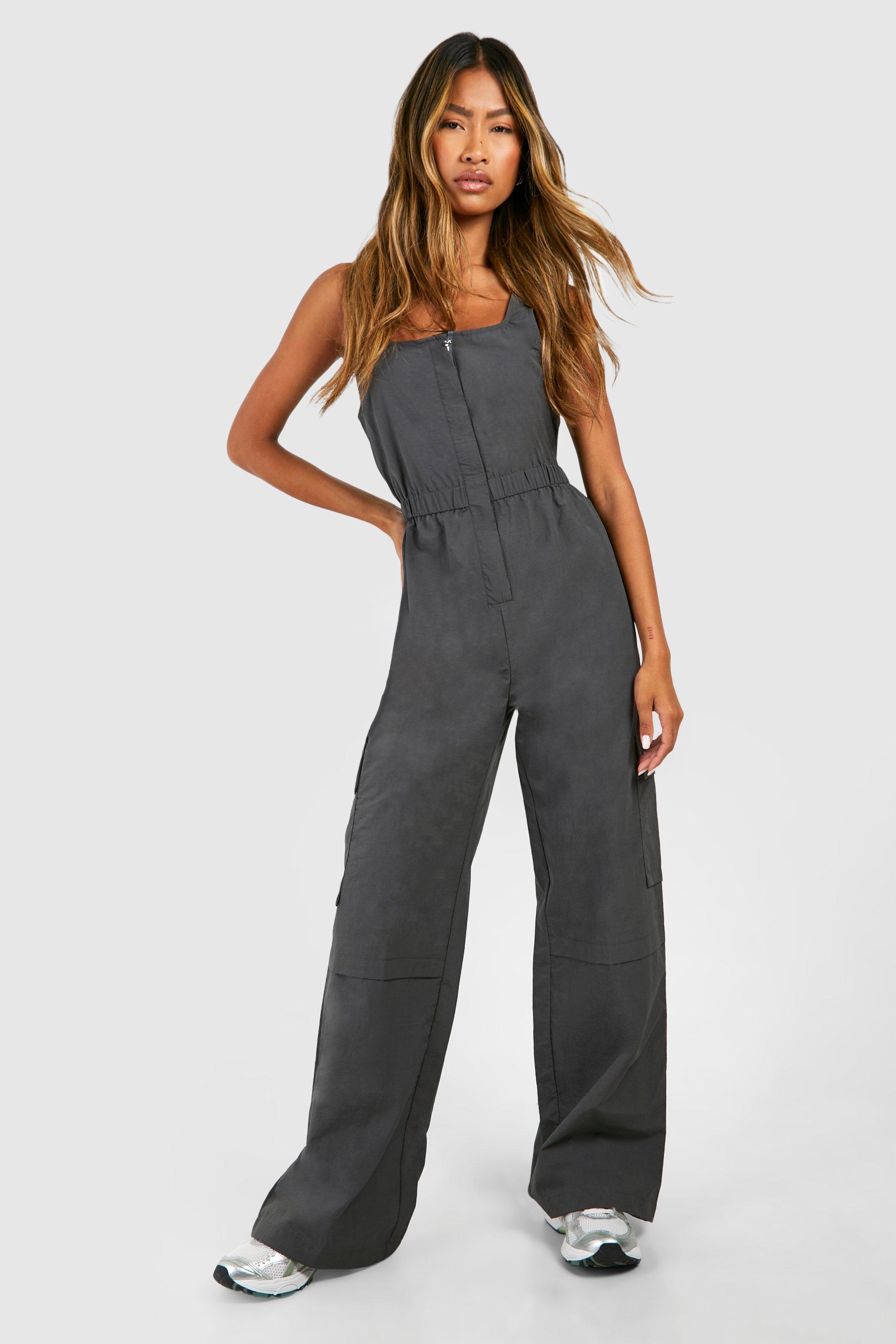 Womens Cargo Woven Utility Scoop Jumpsuit - Grey - 12, Grey