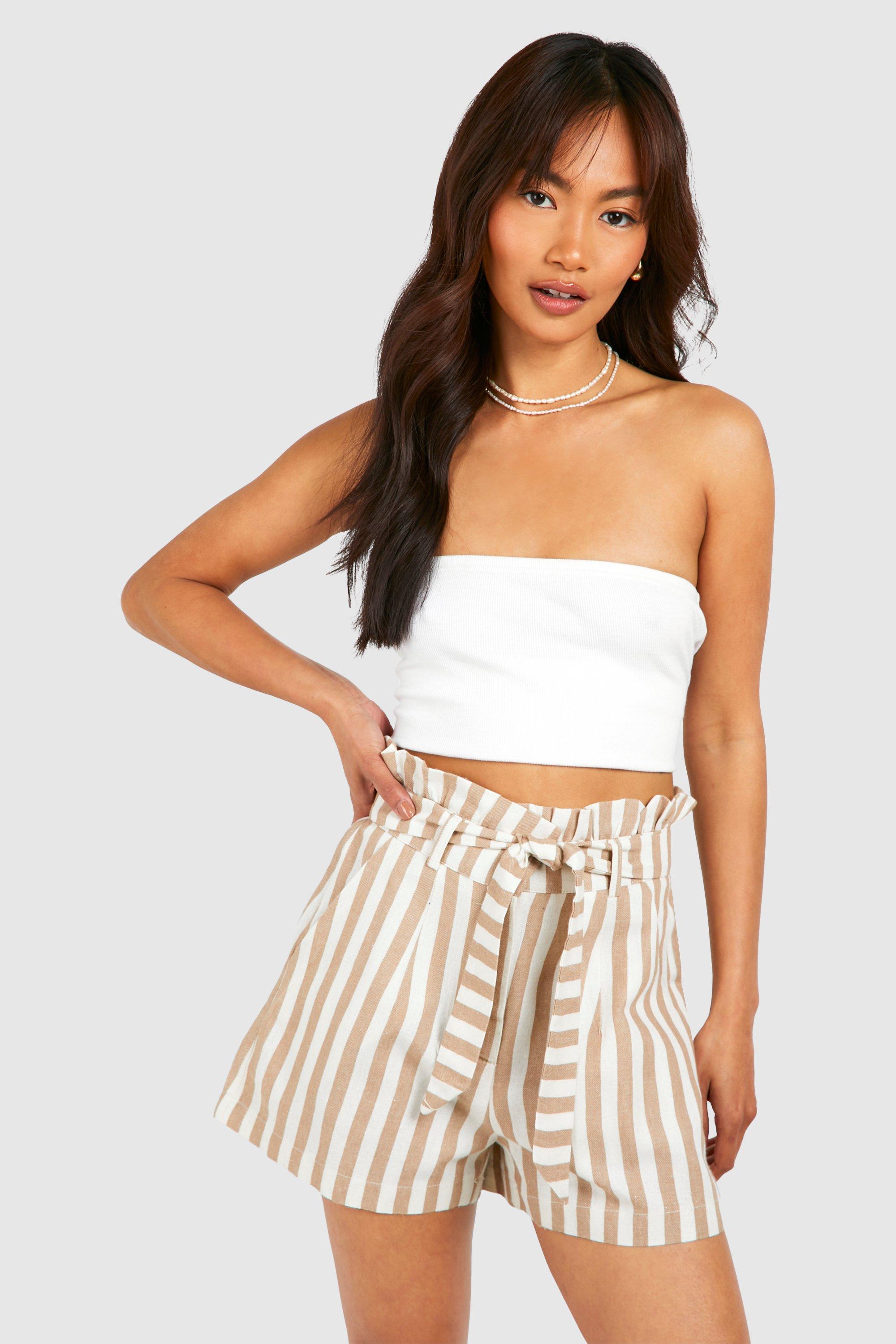 Image of Striped Paperbag Waist Shorts, Bianco