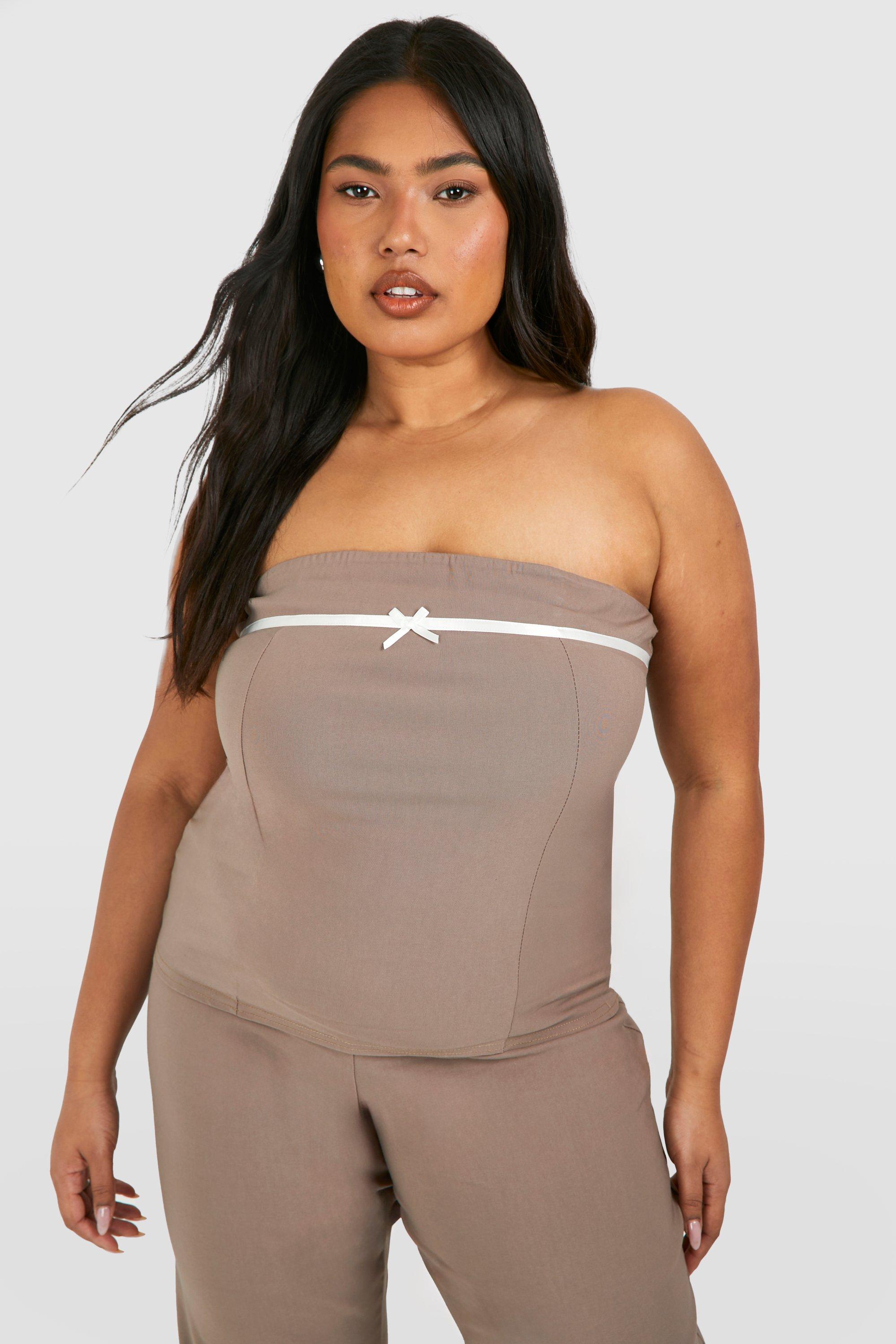 Boohoo Plus Geplooide Bandeau Top Met Strik, Taupe