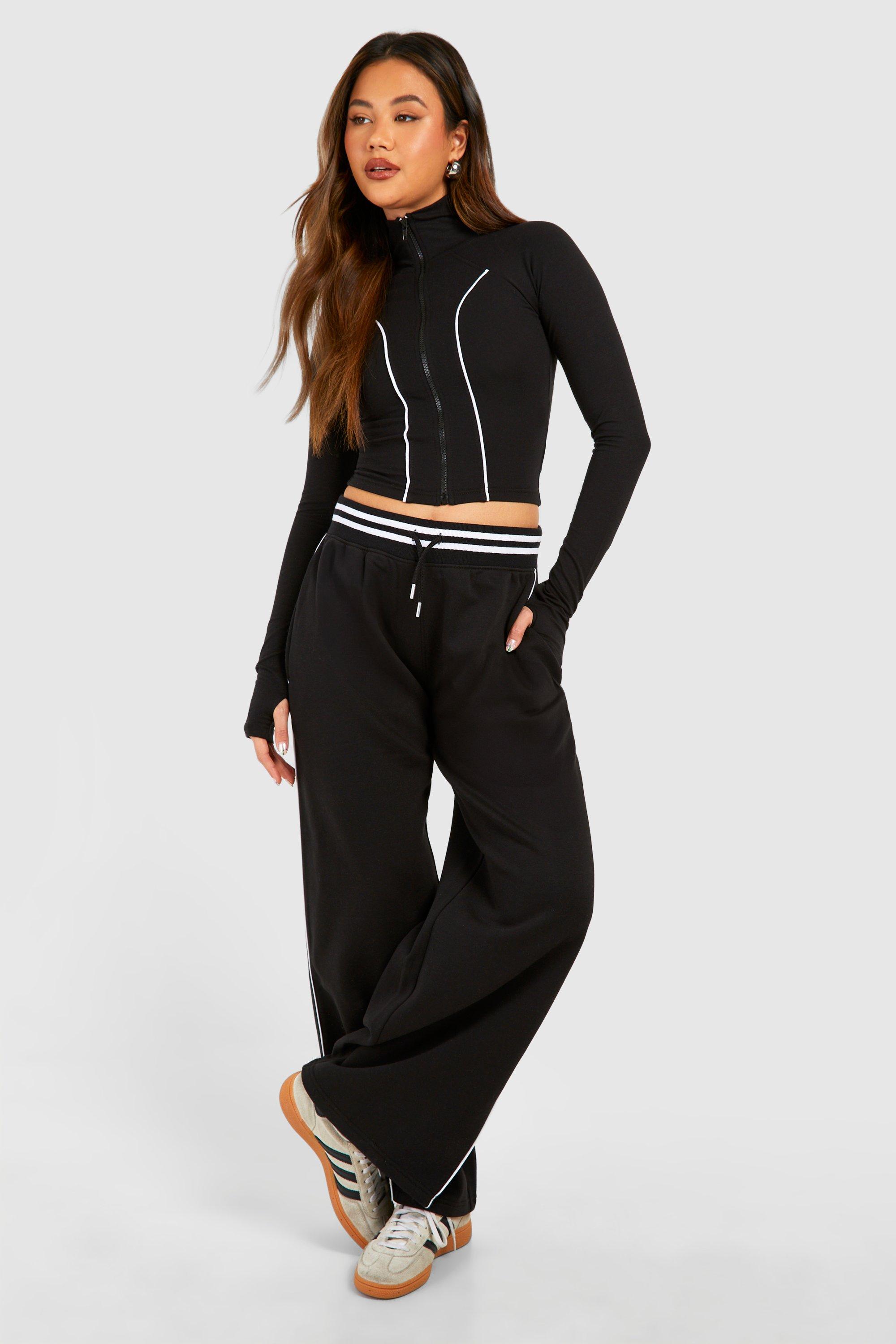 Image of Piping Detail Zip Through Top And Straight Leg Jogger Set, Nero