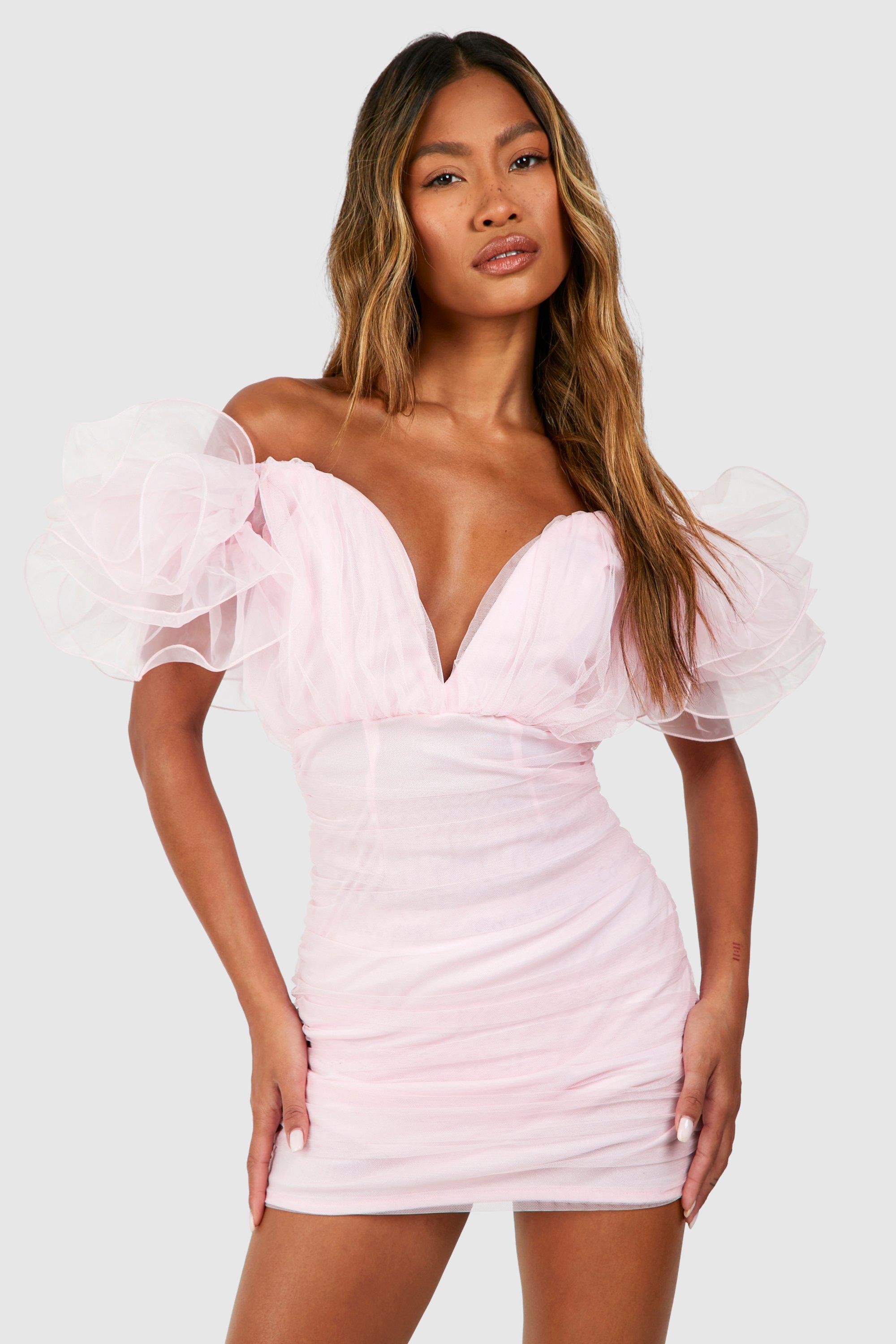 Image of Tulle Rouched Mini Dress, Pink