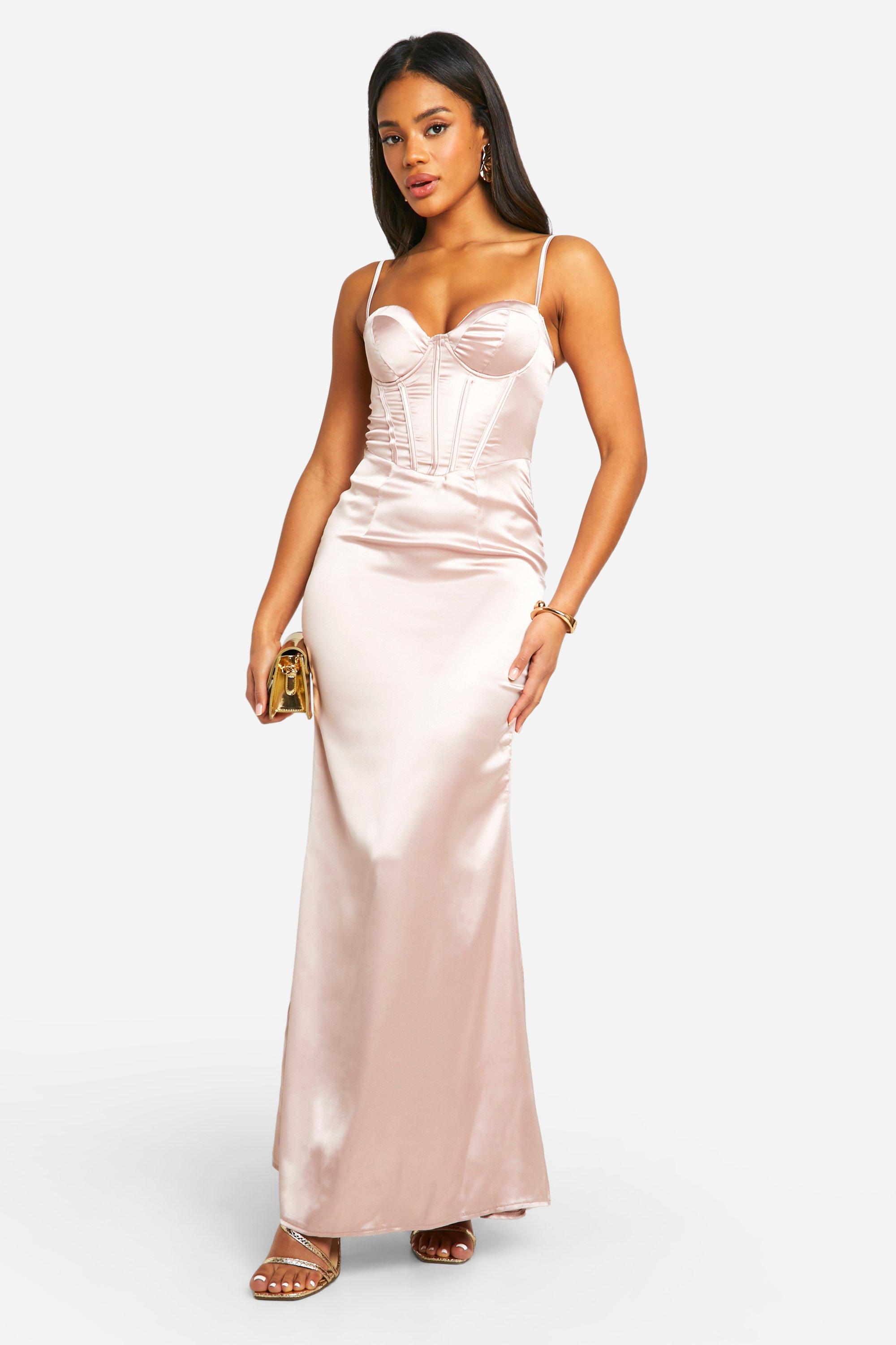 Image of Satin Corset Strappy Maxi Dress, Pink