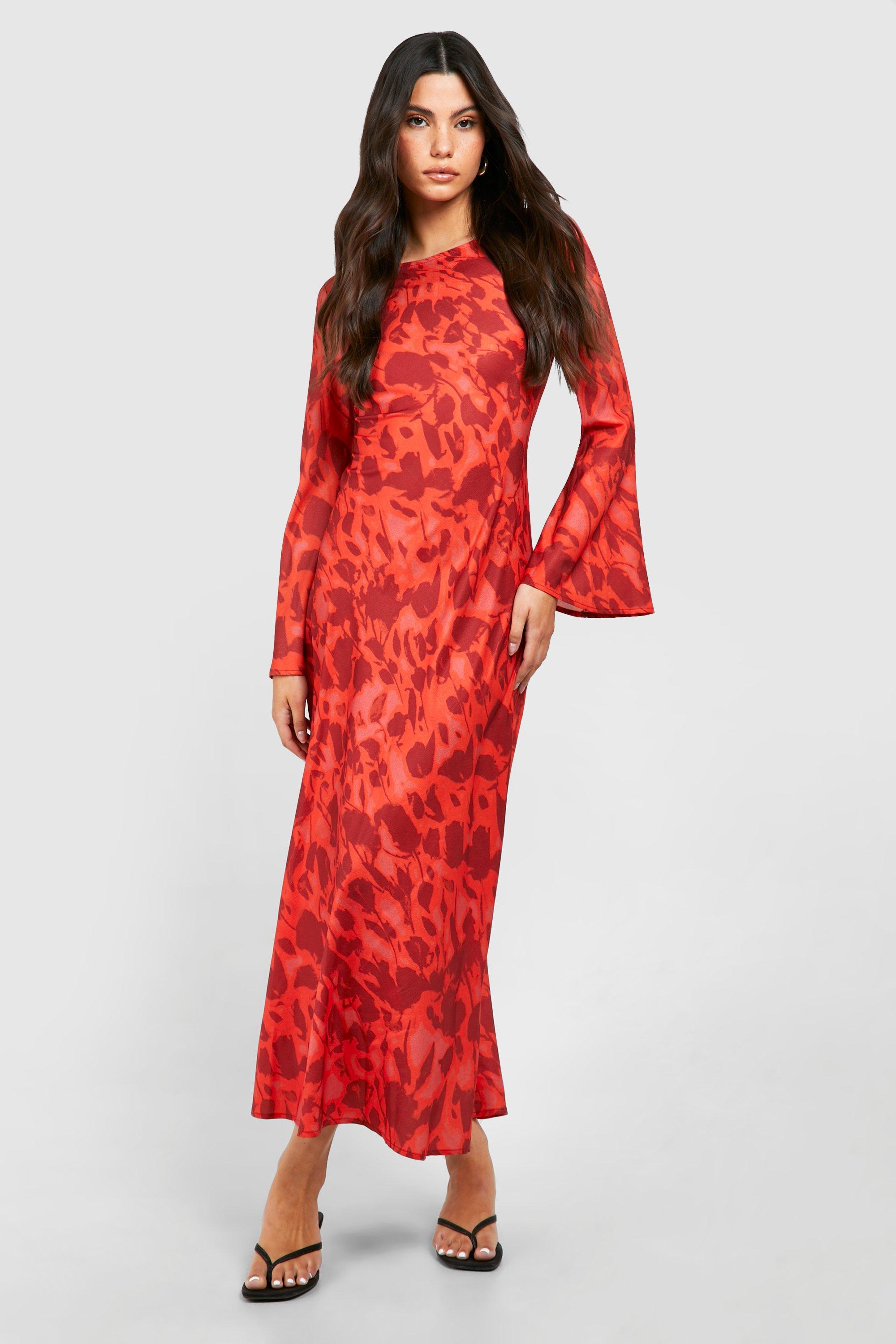 Image of Floral Flare Sleeve Maxi Dress, Rosso