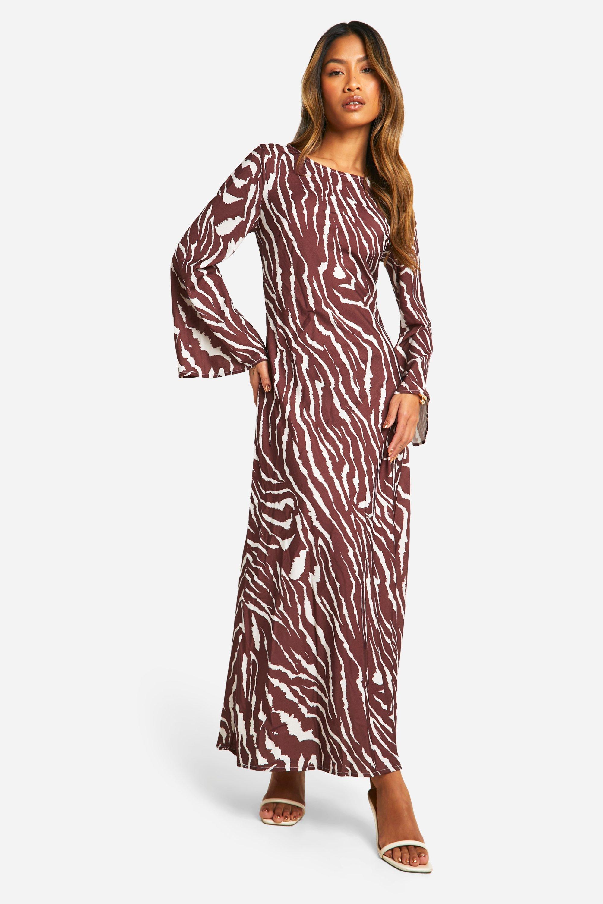 Image of Zebra Flare Sleeve Maxi Dress, Brown