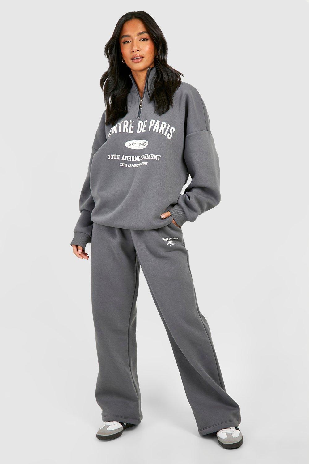 Womens Petite Paris Half Zip Wide Leg Tracksuit - Grey - M, Grey