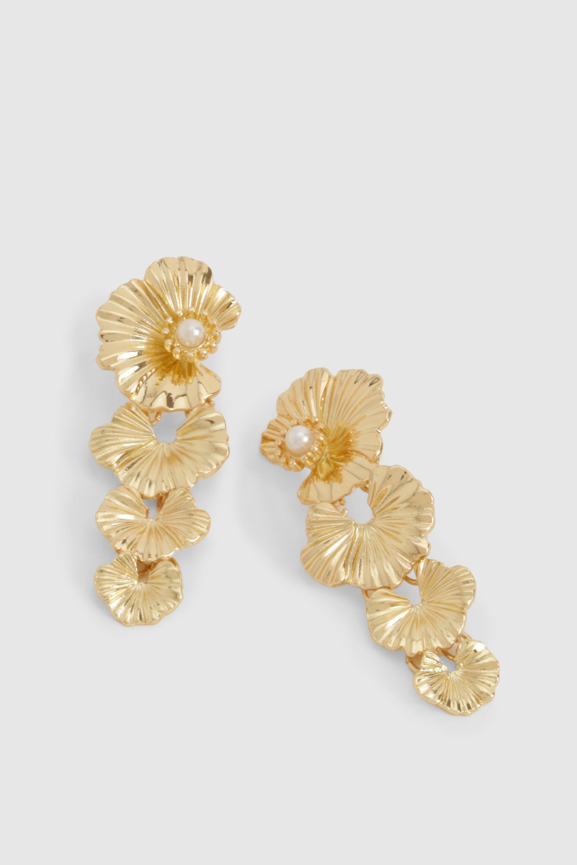 Image of Floral Pearl Detail Drop Earrings, Metallics
