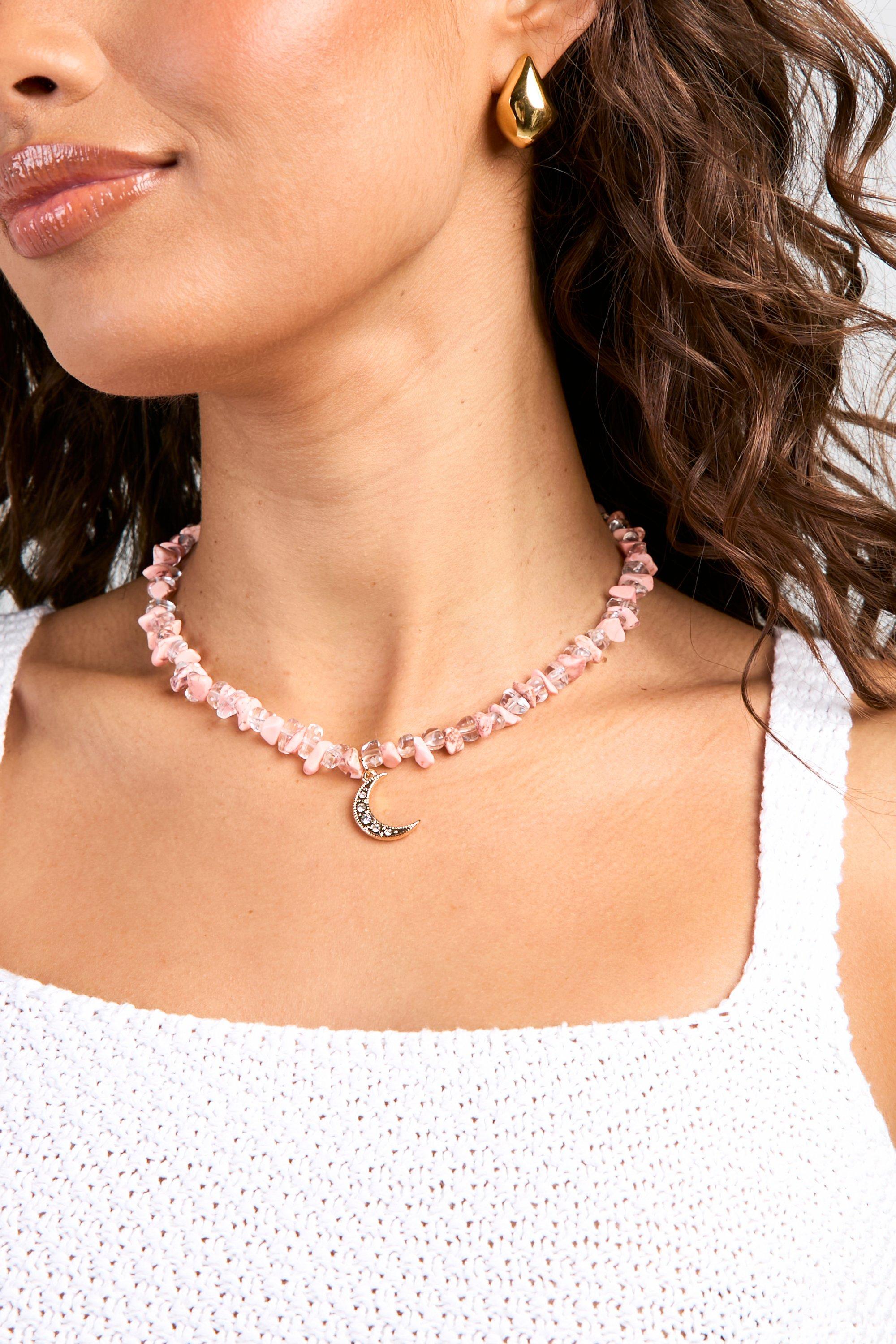 Image of Pink Beaded Moon Pendant Necklace, Pink