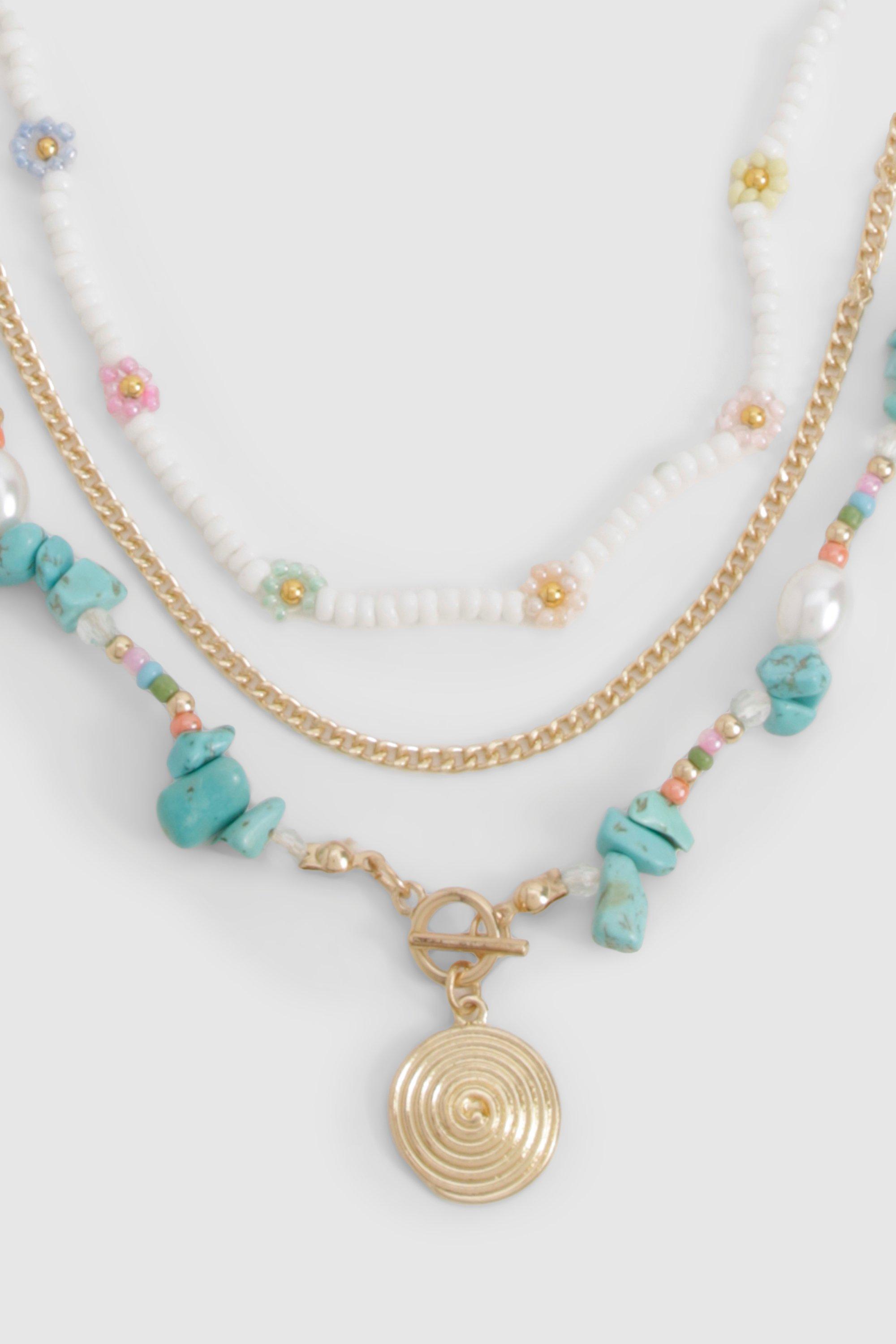 Image of Floral Beaded Pendant Layered Neclace, Azzurro