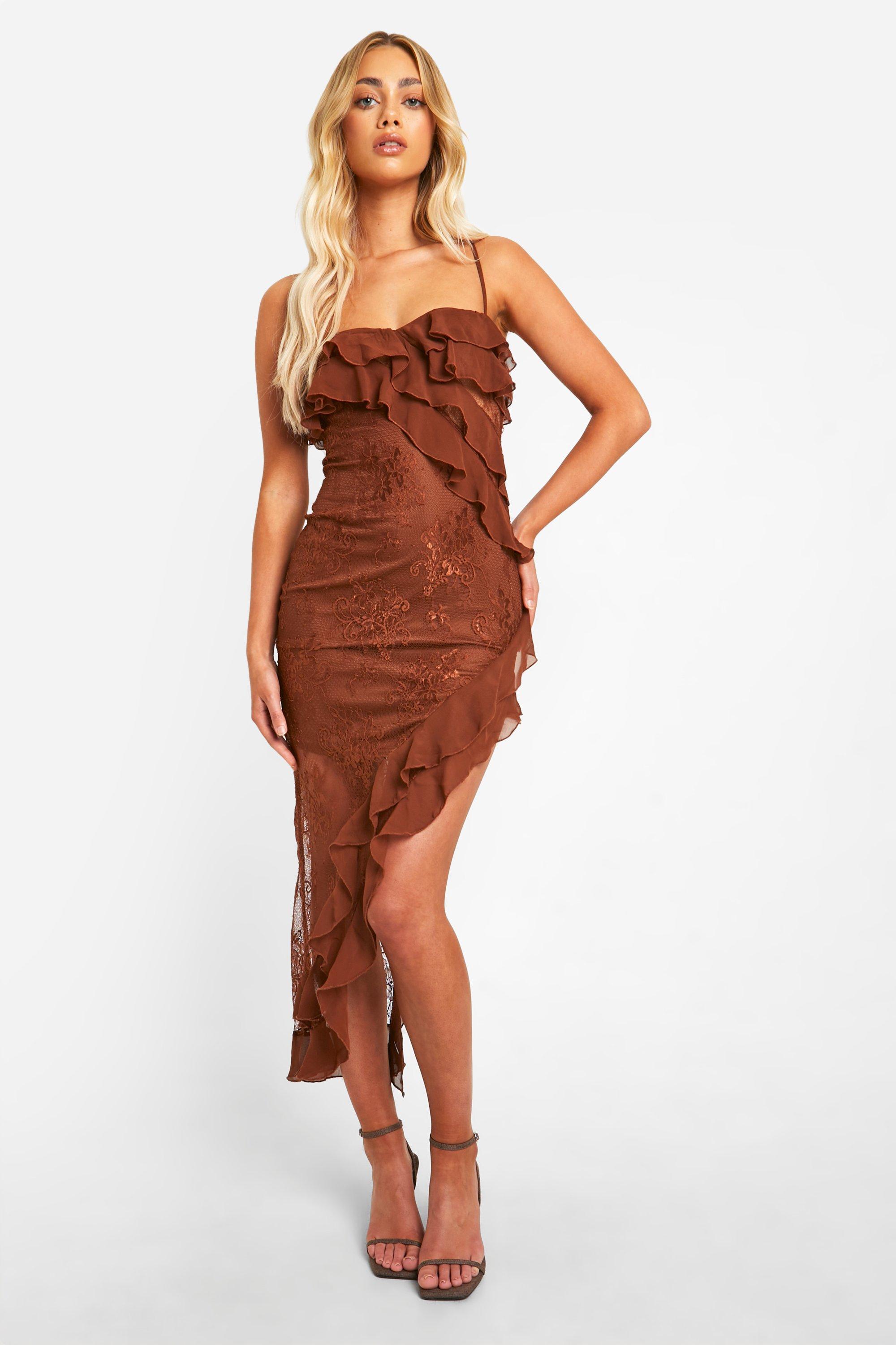Image of Lace Frill Asymmetric Midaxi Dress, Brown