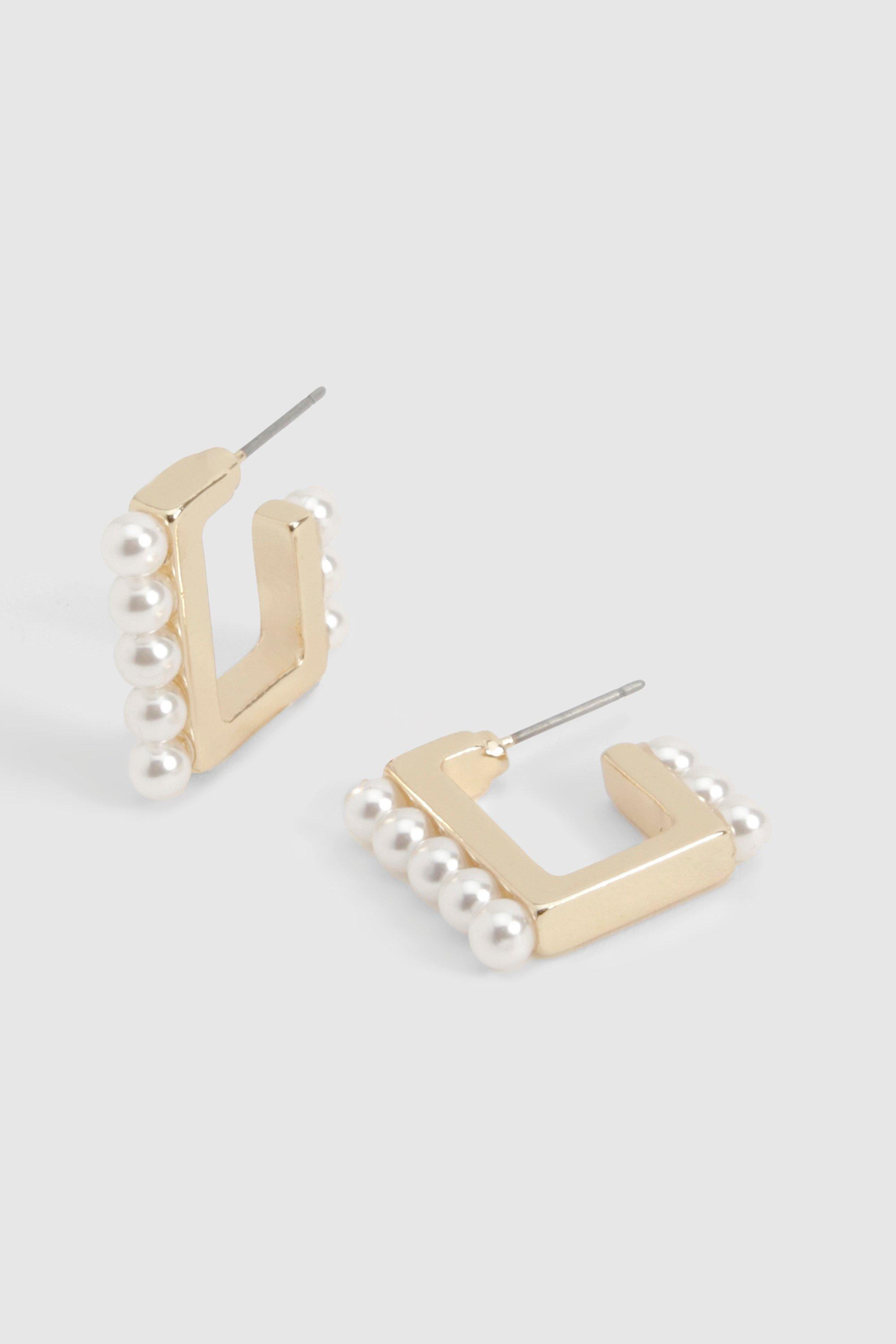 Image of Pearl Detail Square Hoop Earrings, Metallics
