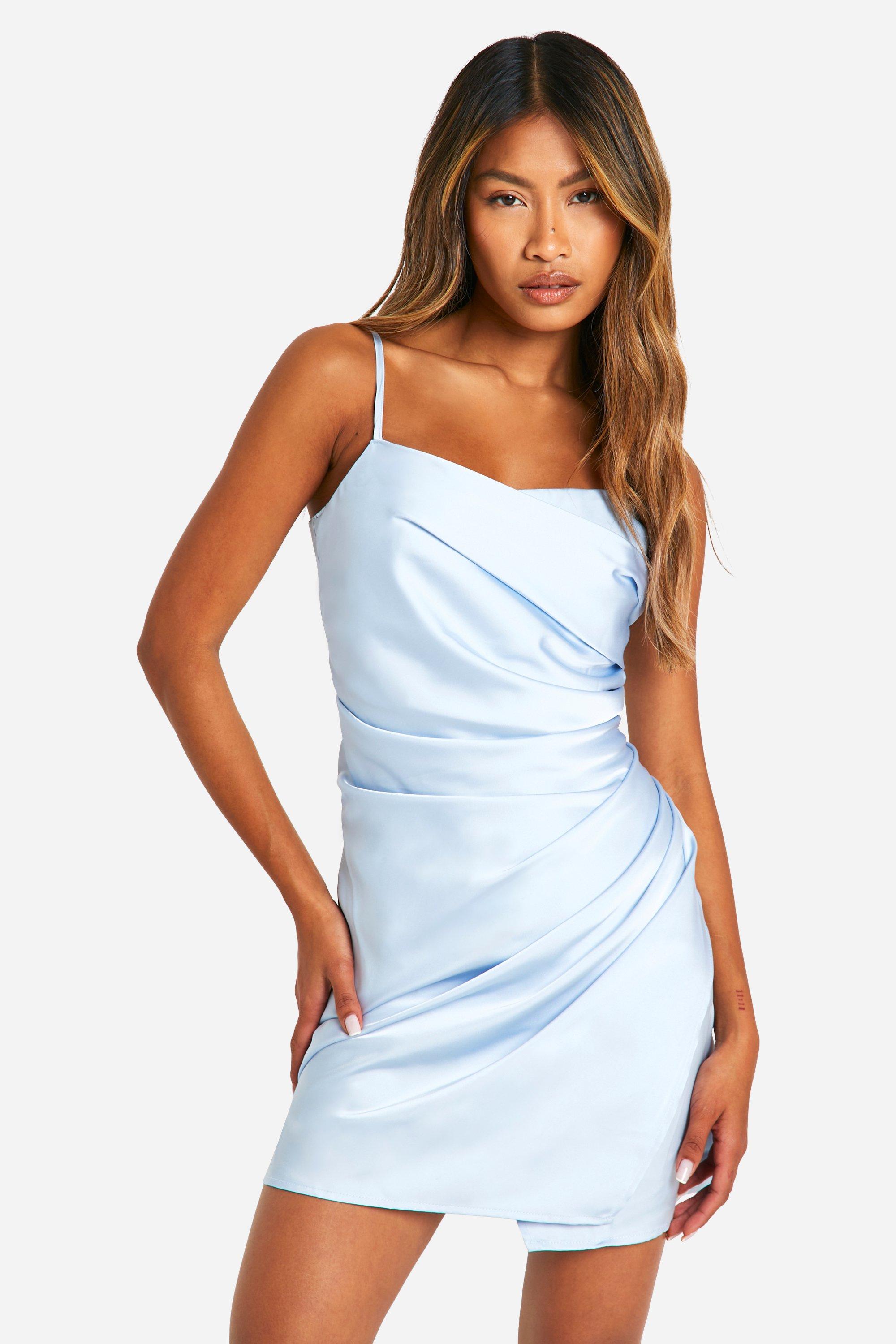 Image of Satin Draped Mini Slip Dress, Azzurro