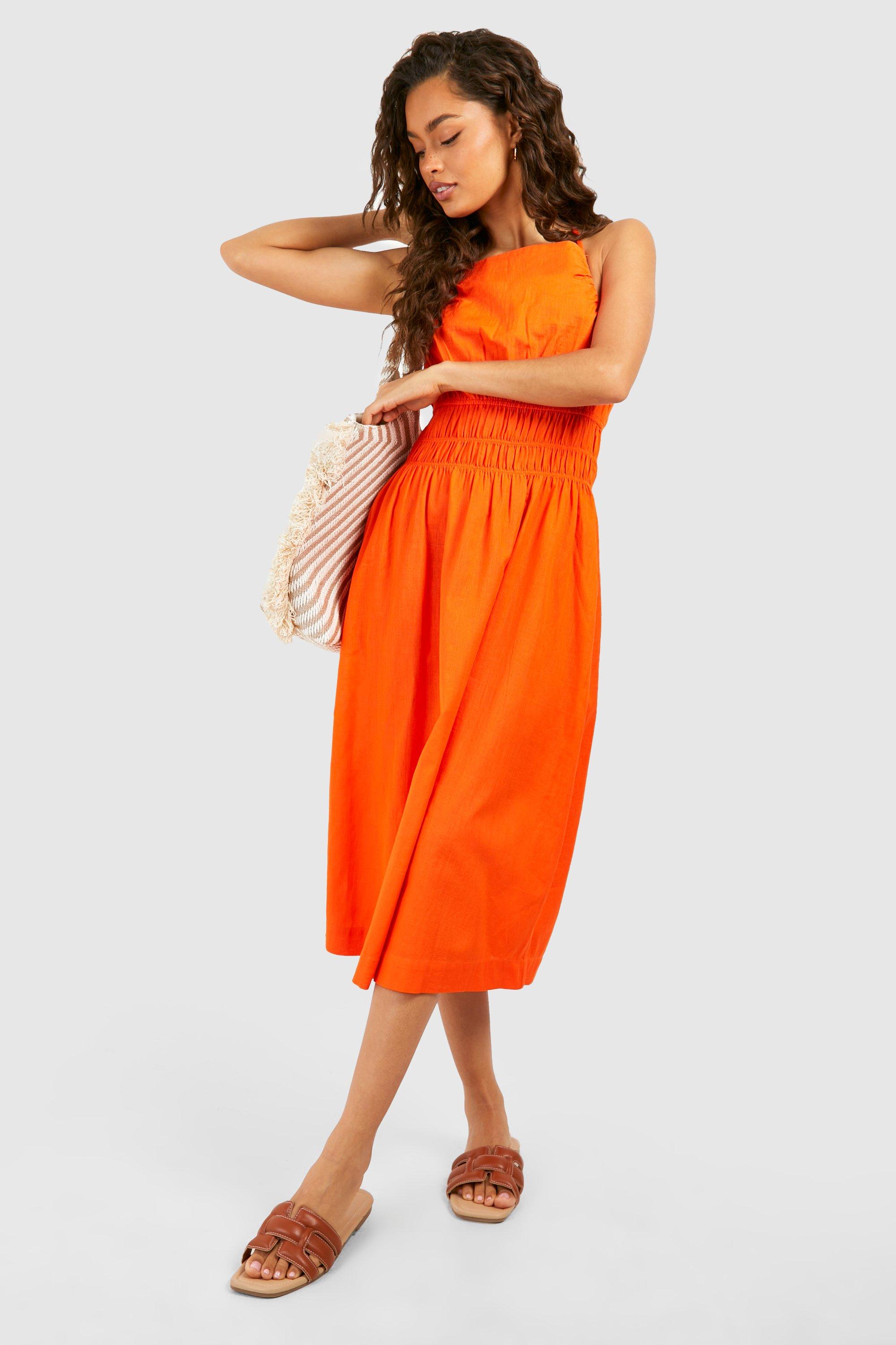 Boohoo Strappy Linen Shirred Waist Midi Dress, Orange