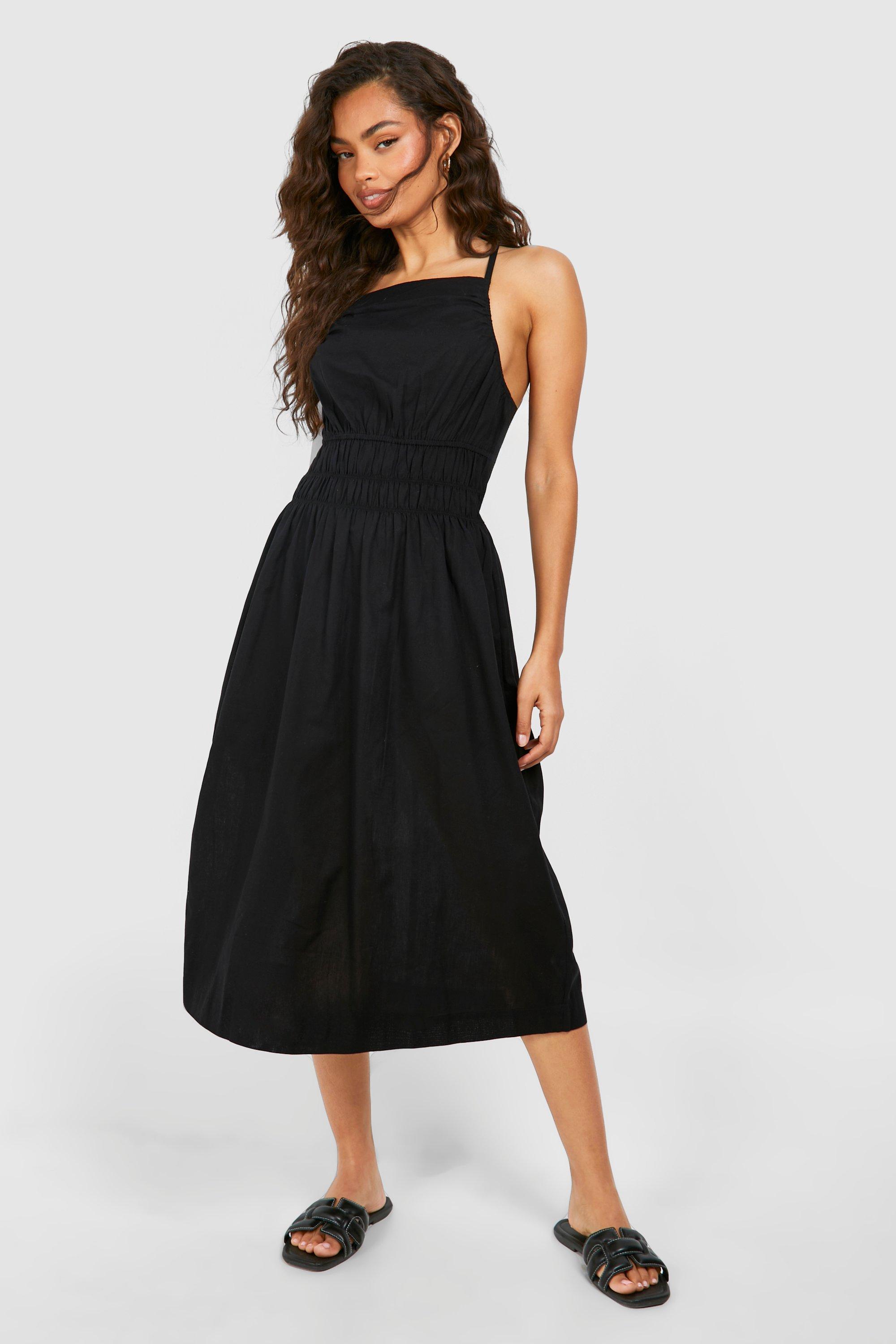 Boohoo Strappy Linen Shirred Waist Midi Dress, Black