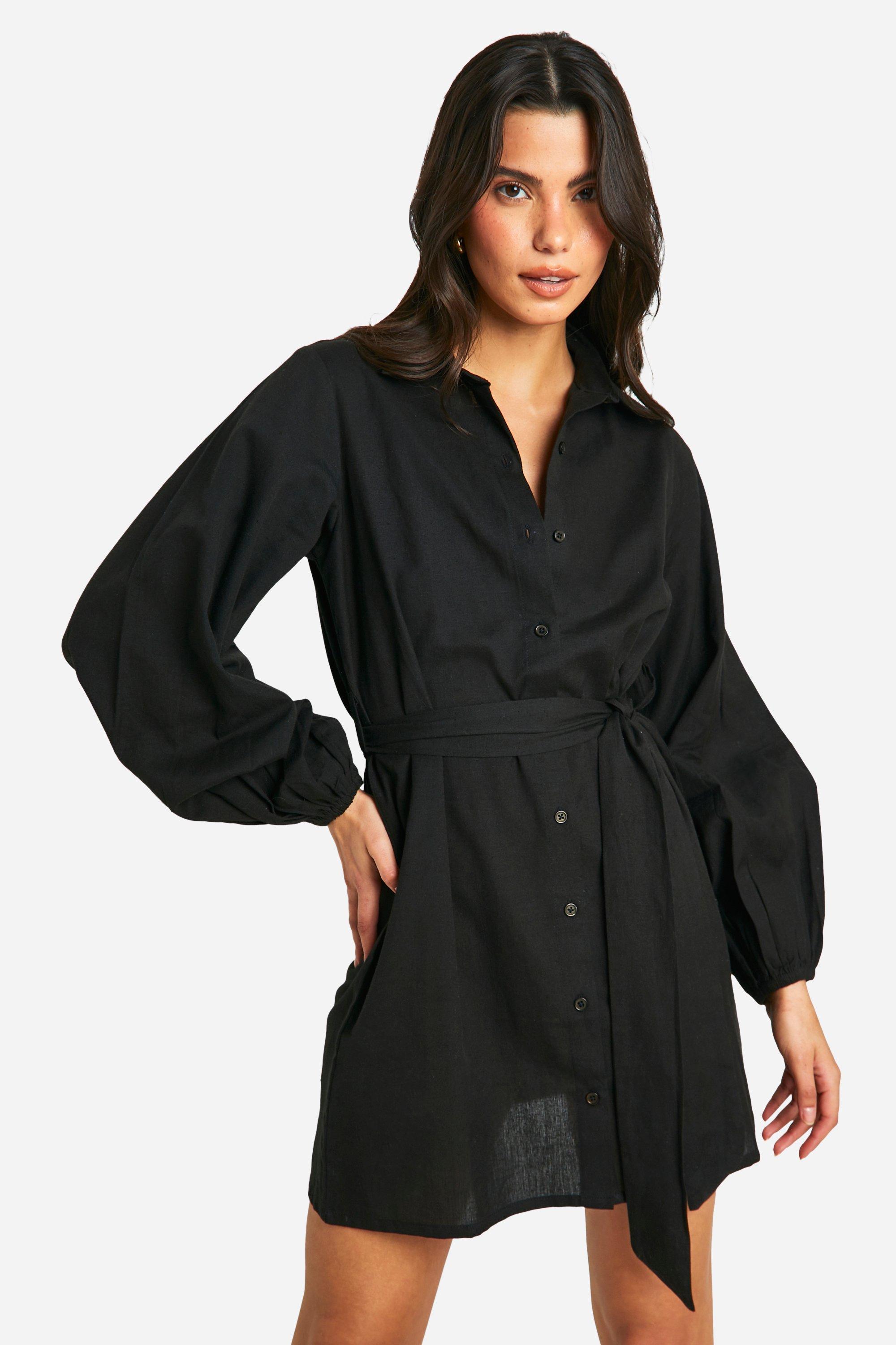 Boohoo Linen Wrap Shirt Dress, Black