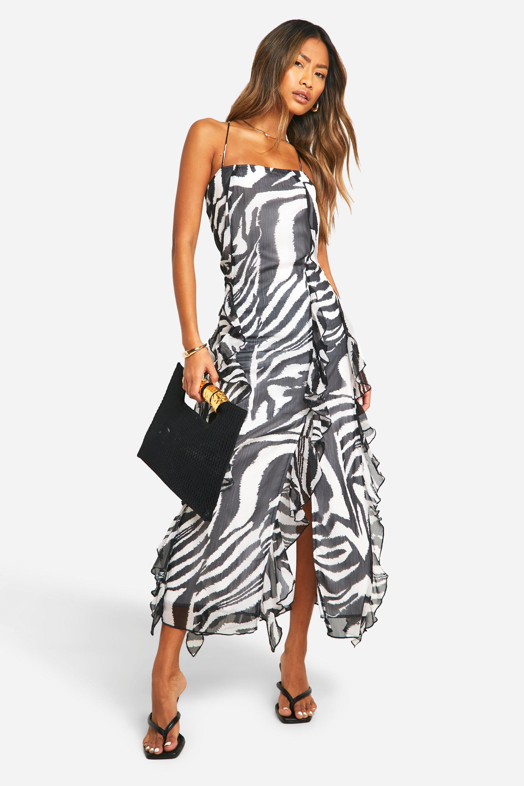 Image of Zebra Crinkle Chiffon Strappy Midaxi Dress, Zebra