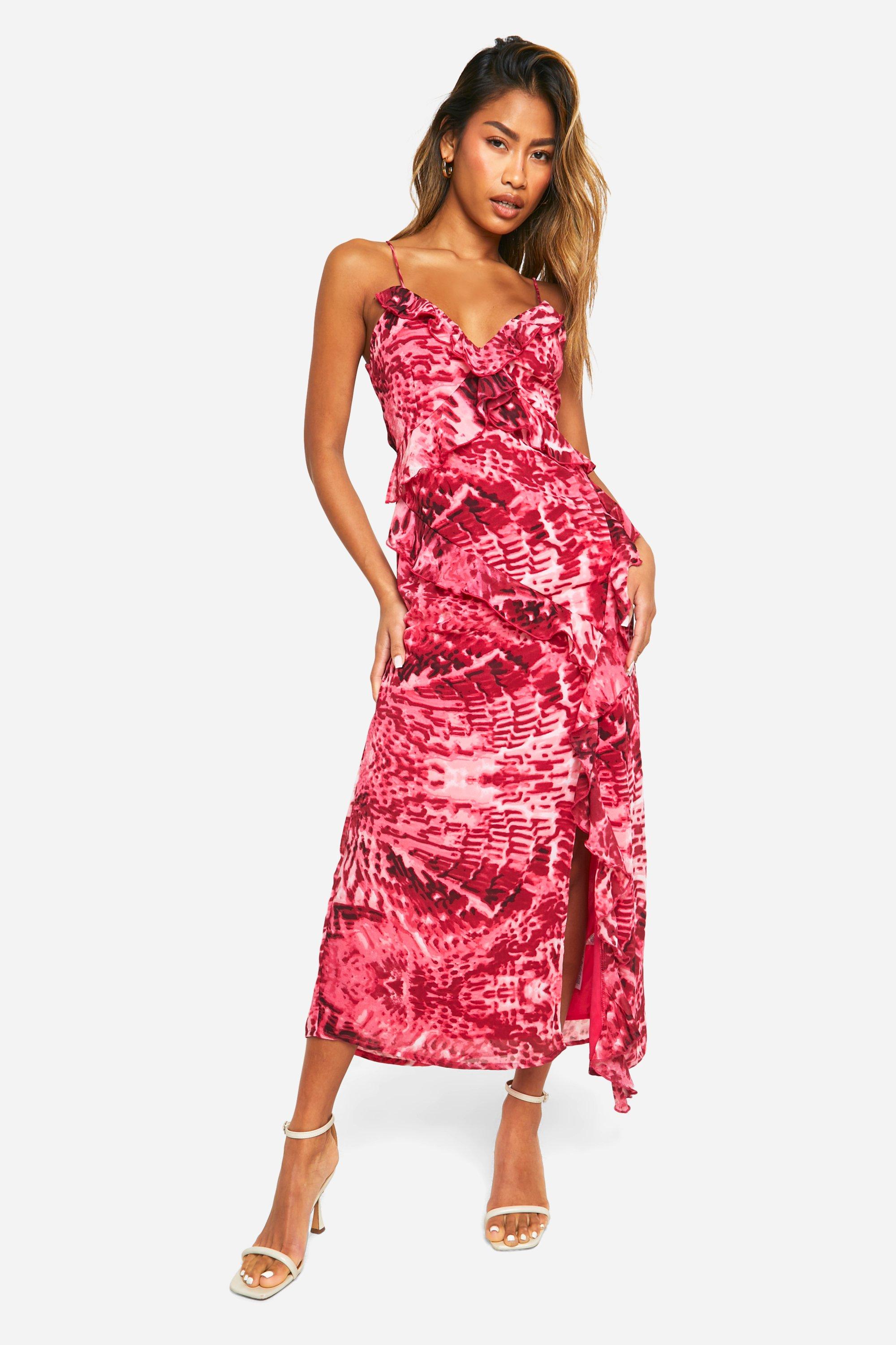 Image of Blur Print Chiffon Ruffle Midi Dress, Multi