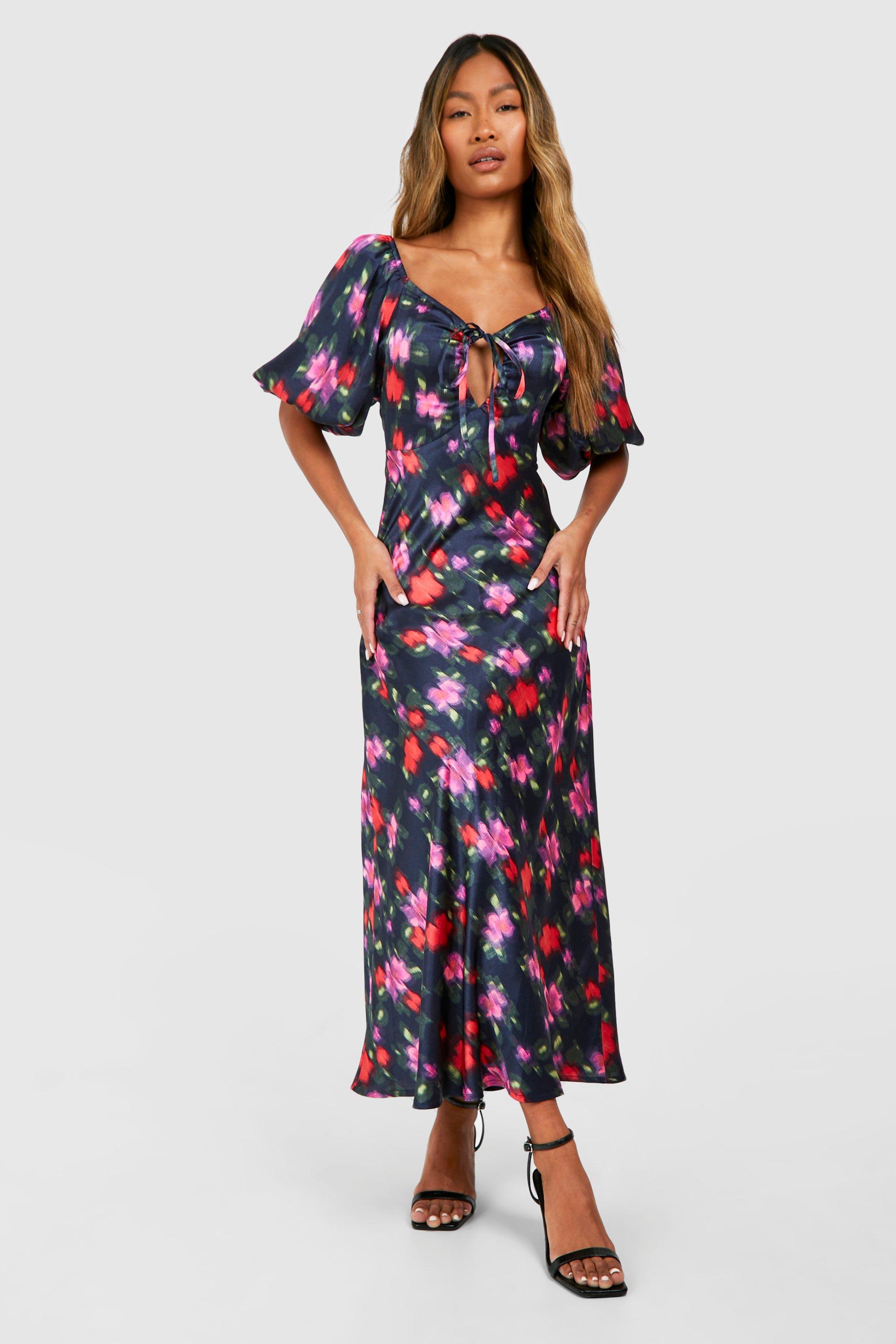 Image of Blur Floral Satin Puff Sleeve Midaxi Dress, Multi