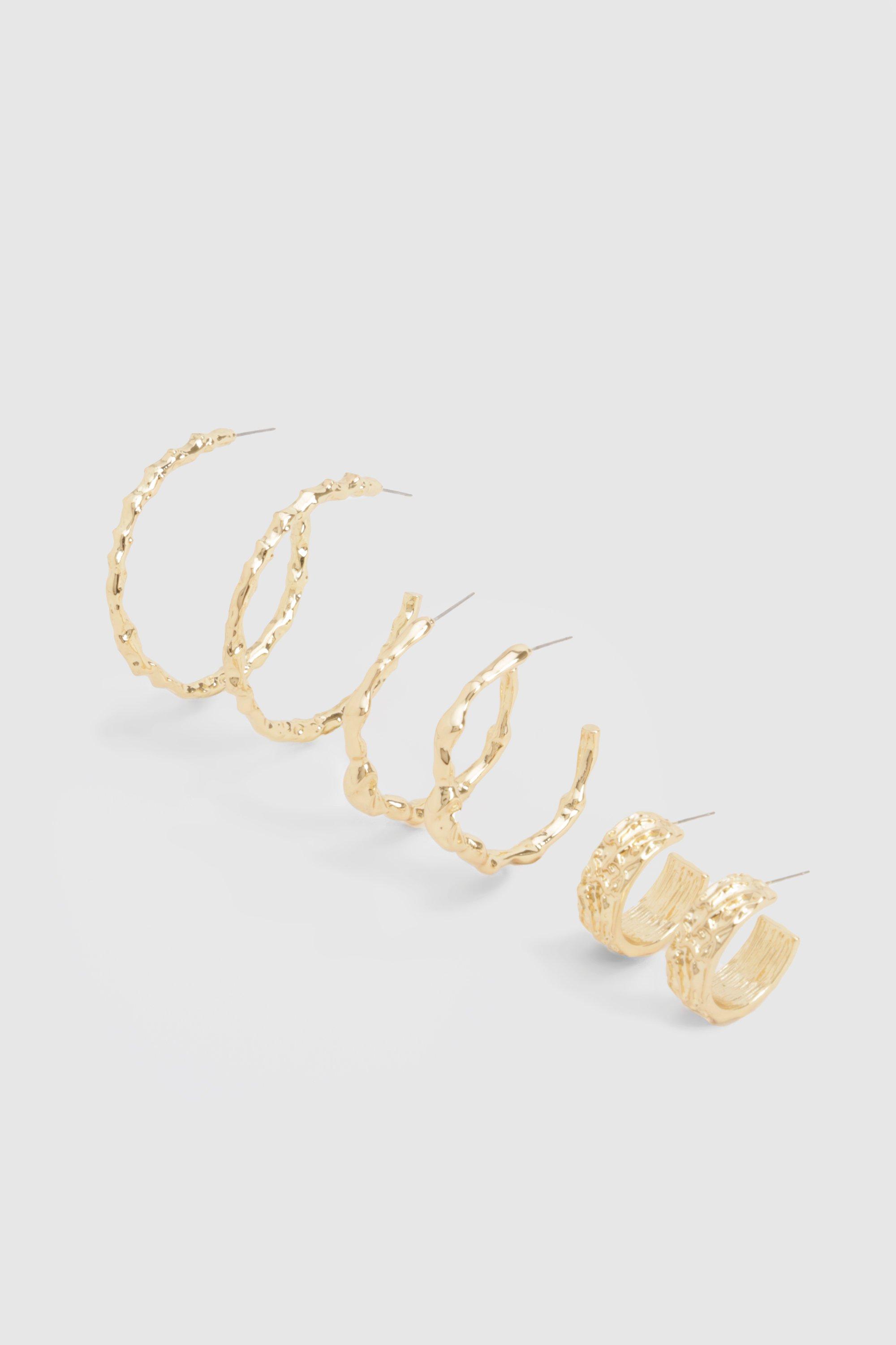Image of Gold Hammered Hoop Earrings 3 Pack, Metallics