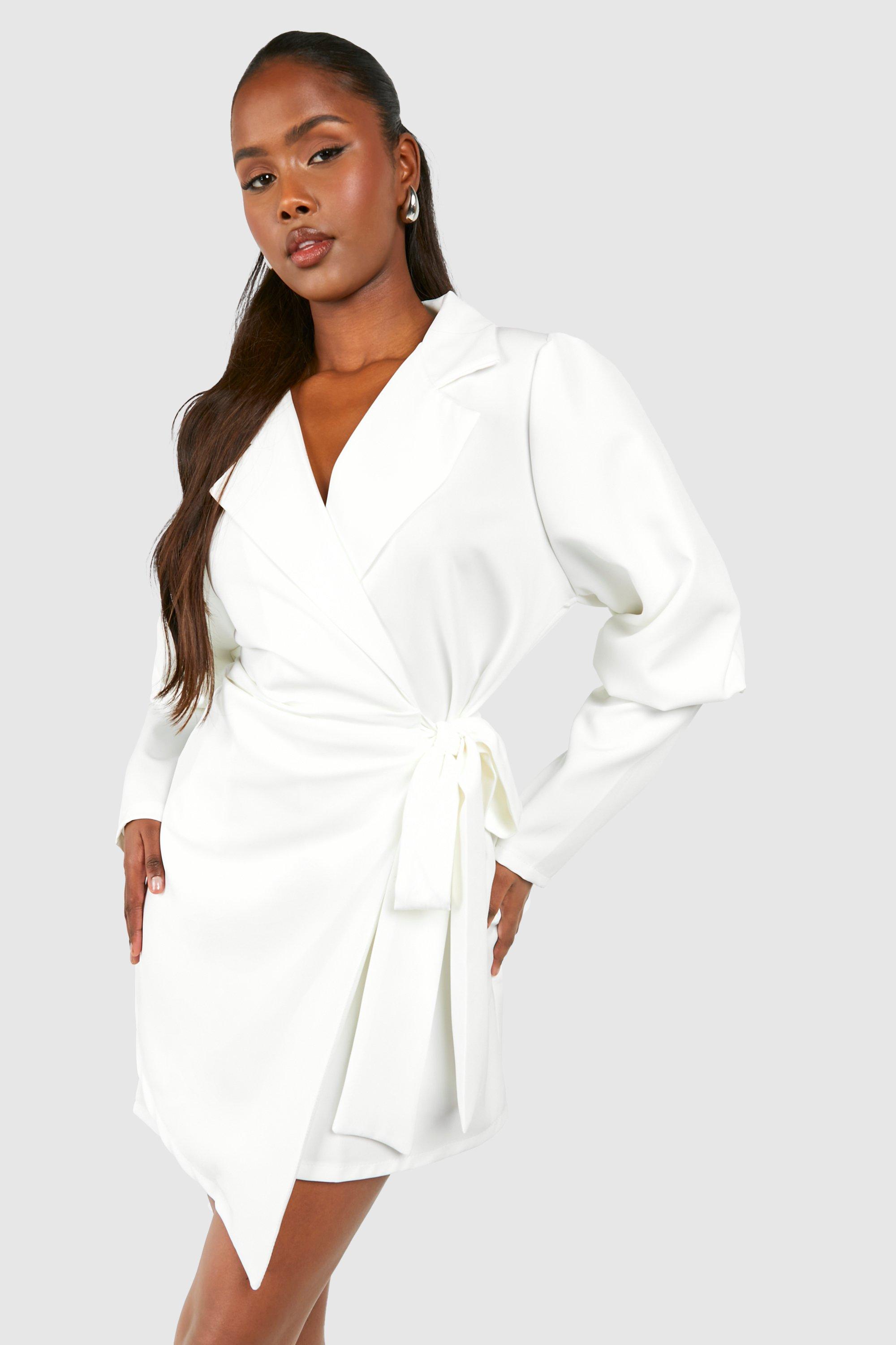 Volume Sleeve Tie Waist Blazer Dress - White - 16