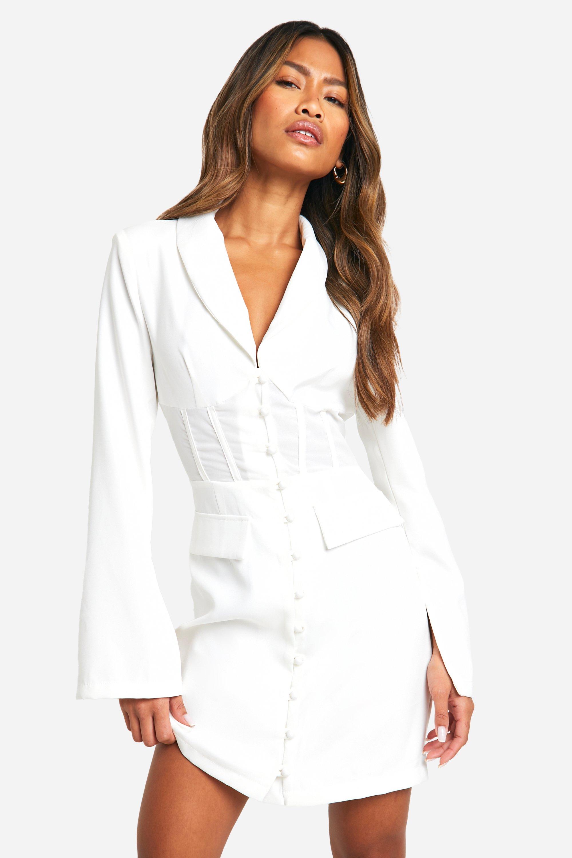 Image of Fitted Corset Waist Tailored Blazer Dress, Bianco