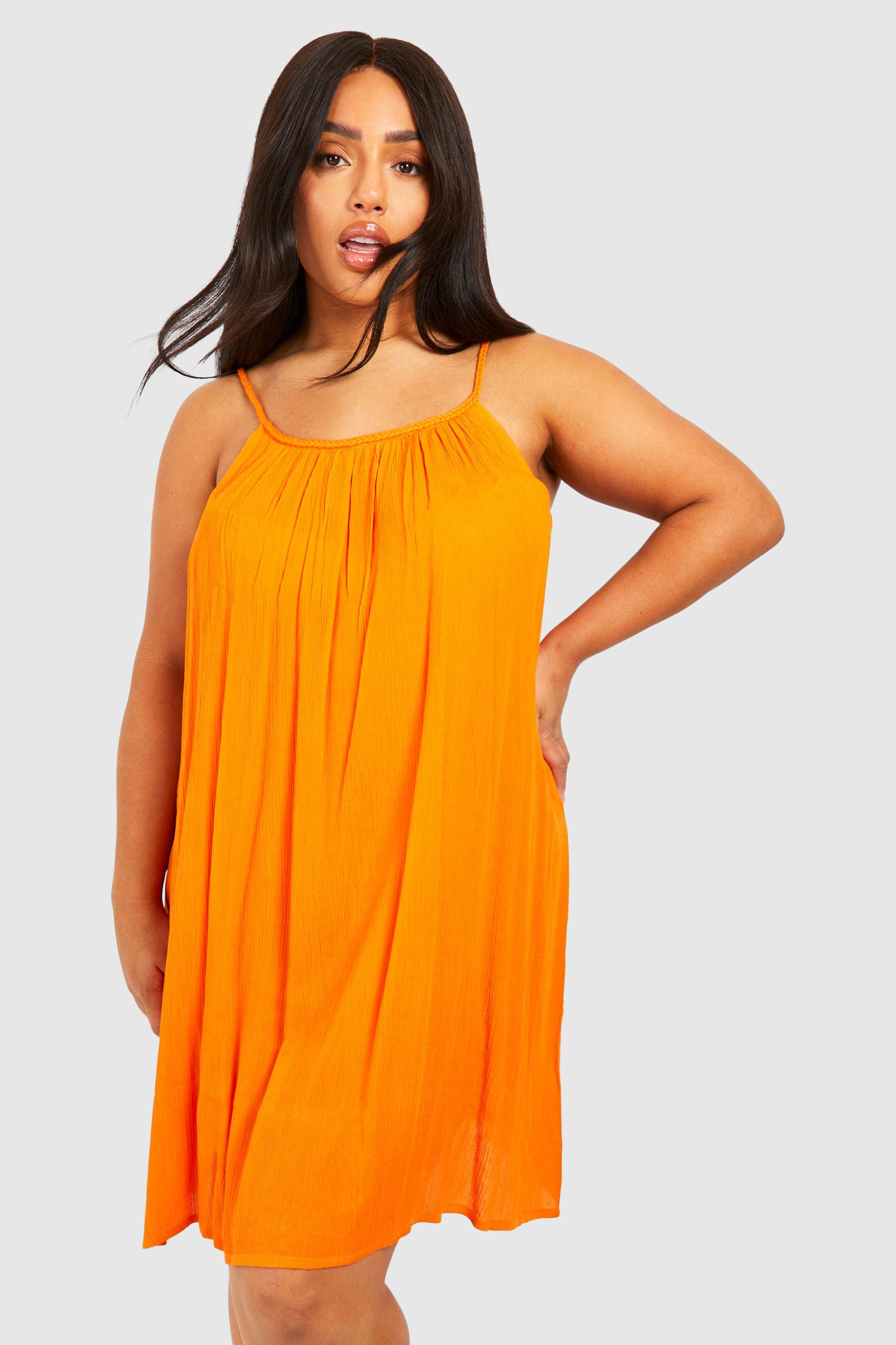Boohoo Plus Crinkle Rayon Plaited Strap Beach Dress, Orange