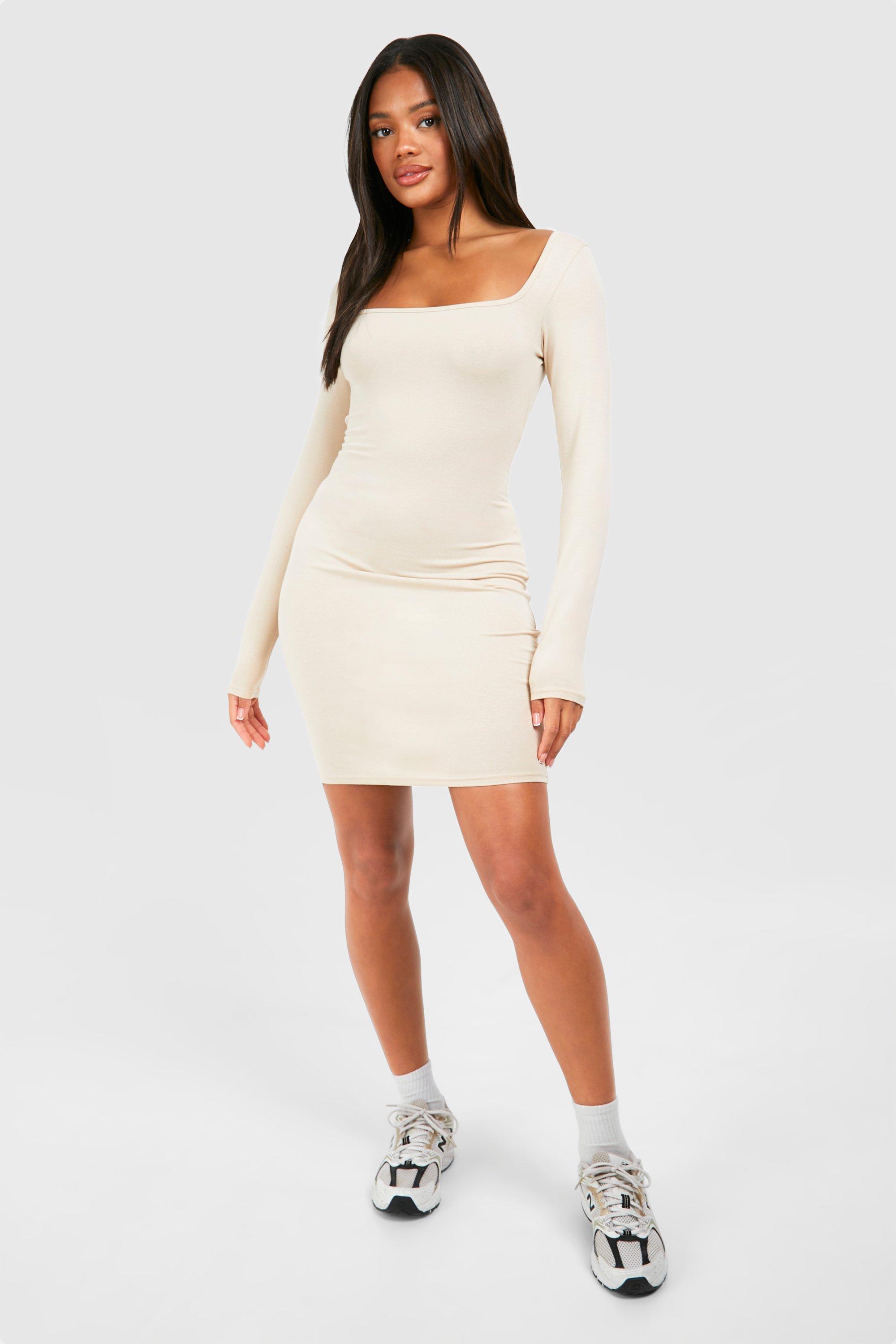 Image of Square Neck Long Sleeve Bodycon Dress, Beige