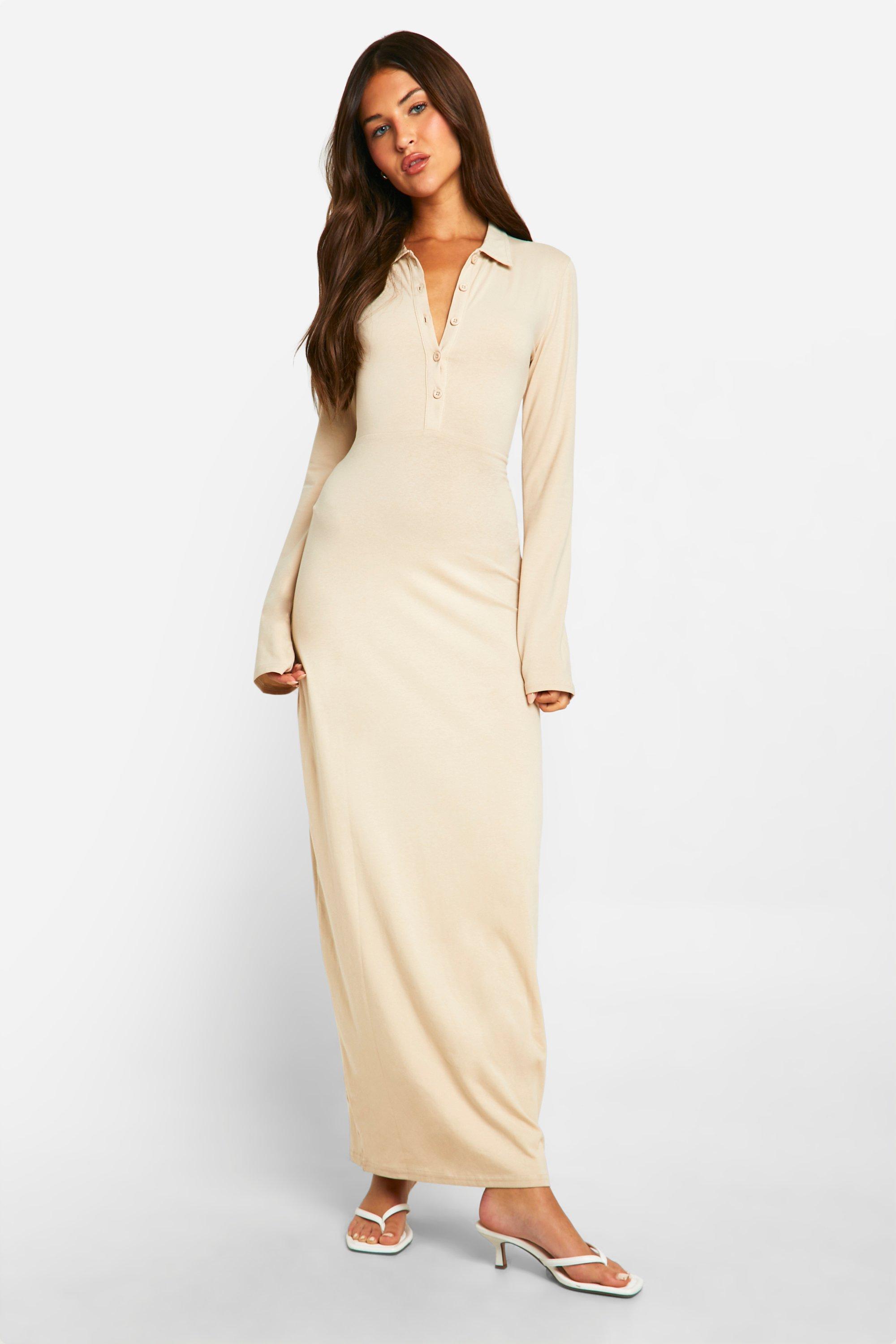 Image of Collared Long Sleeve Shirt Dress, Beige