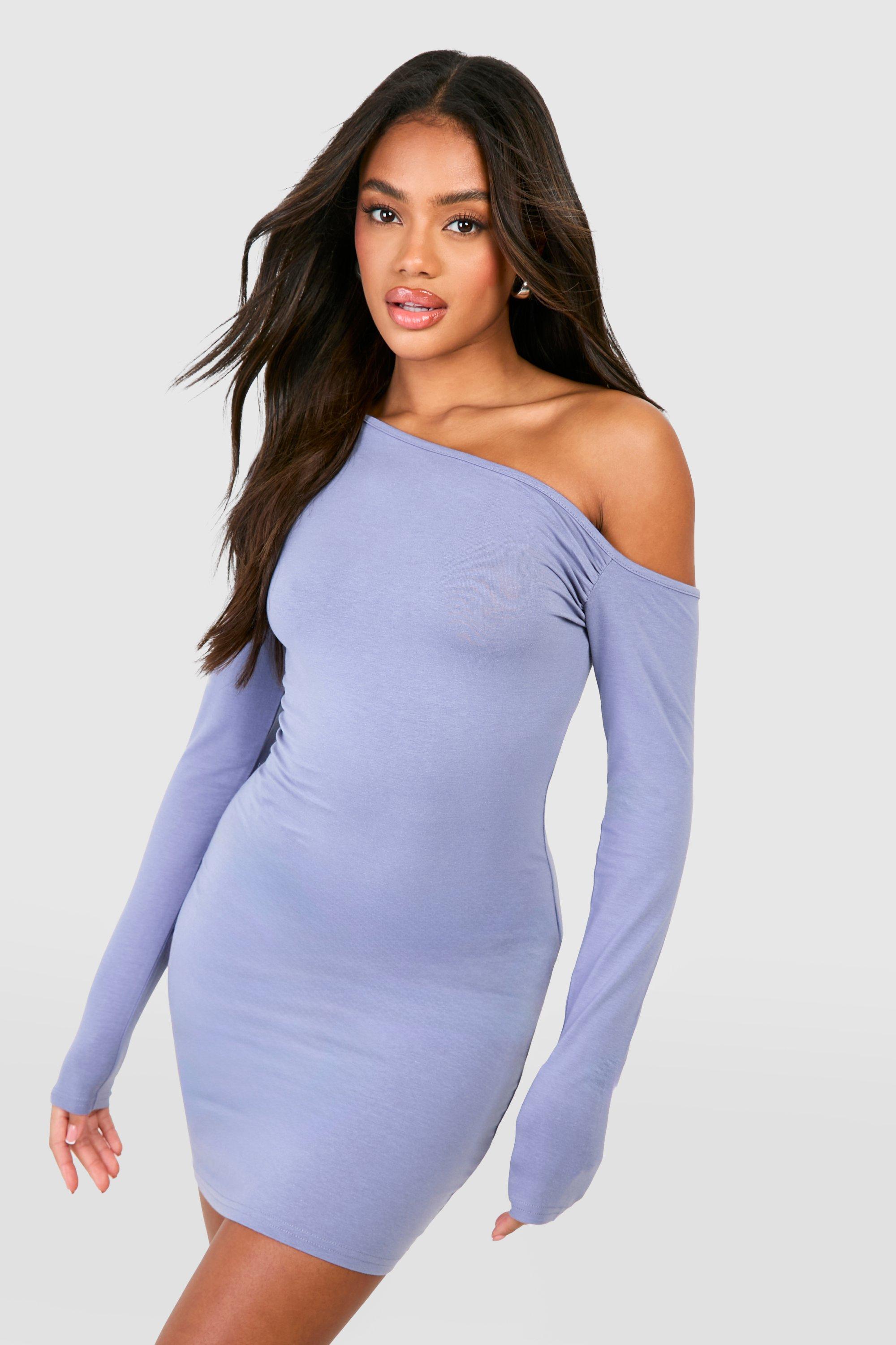 Image of Ruched Bardot Long Sleeve Mini Dress, Azzurro