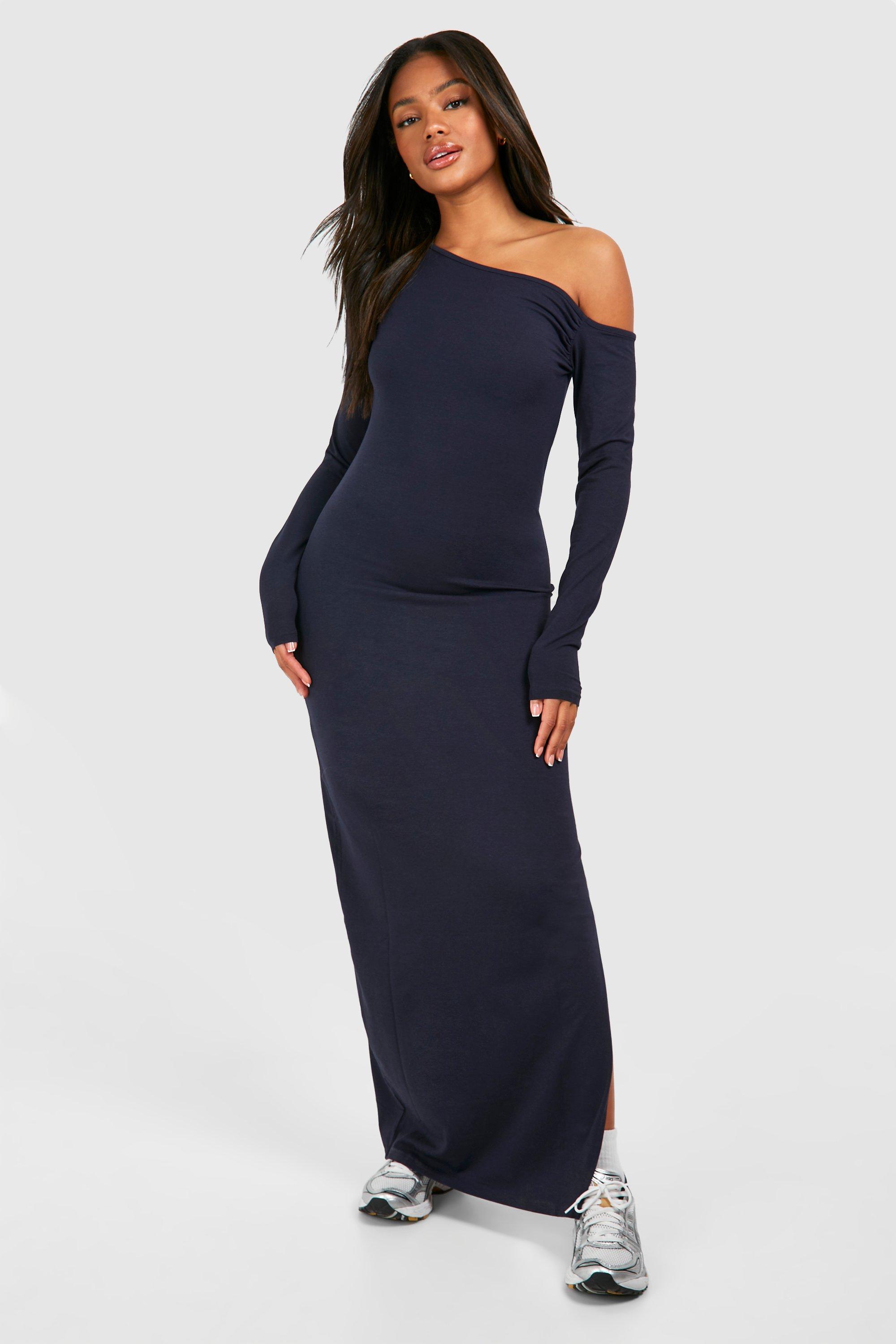 Image of Ruched Bardot Long Sleeve Maxi Dress, Navy