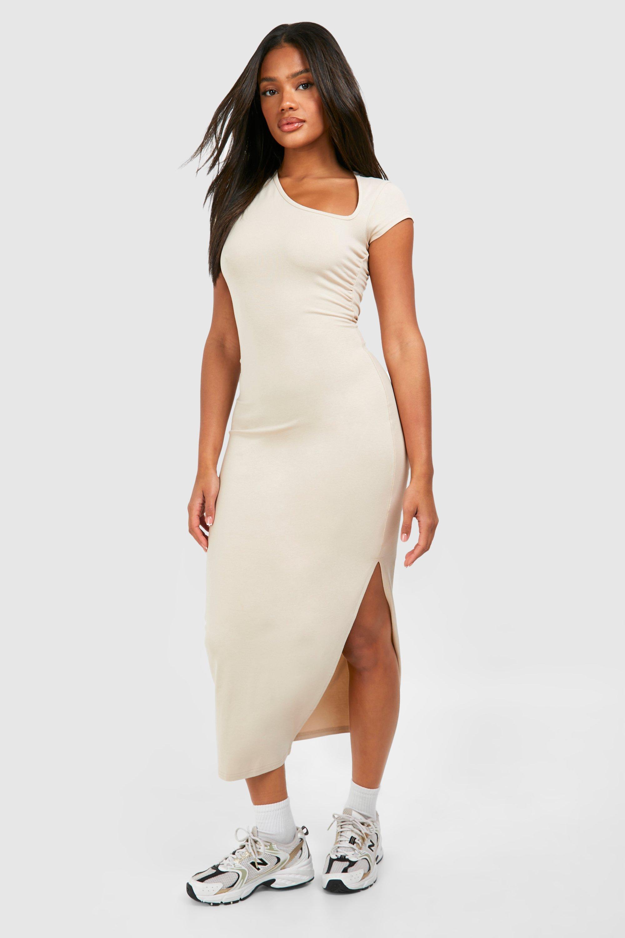 Image of Assymetric Cap Sleeve Ruched Midaxi Dress, Beige