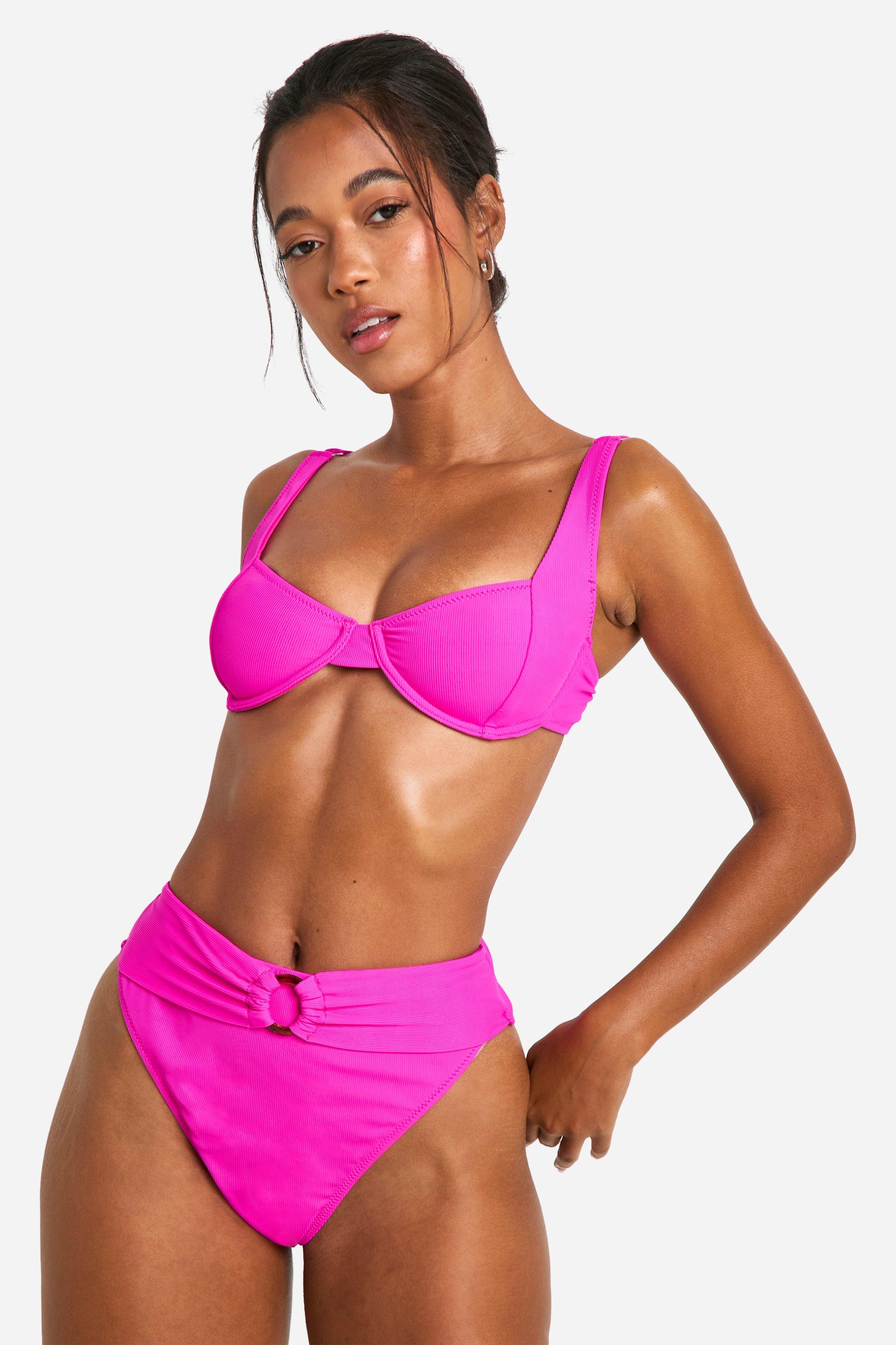 Boohoo Ribbed O-Ring High Waisted Bikini Brief, Pink