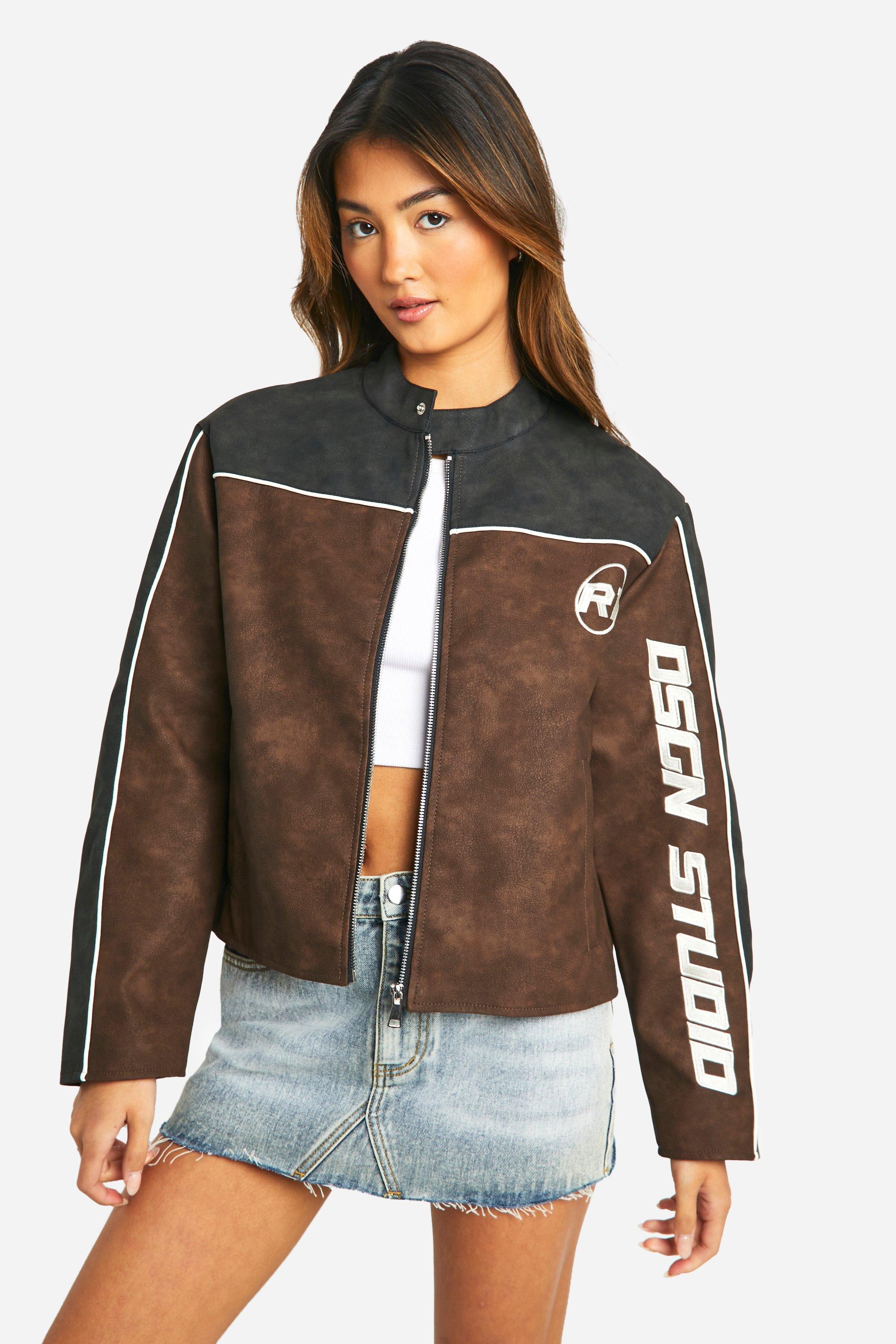 Boohoo Embroidered Fitted Vintage Look Faux Leather Moto Jacket, Brown